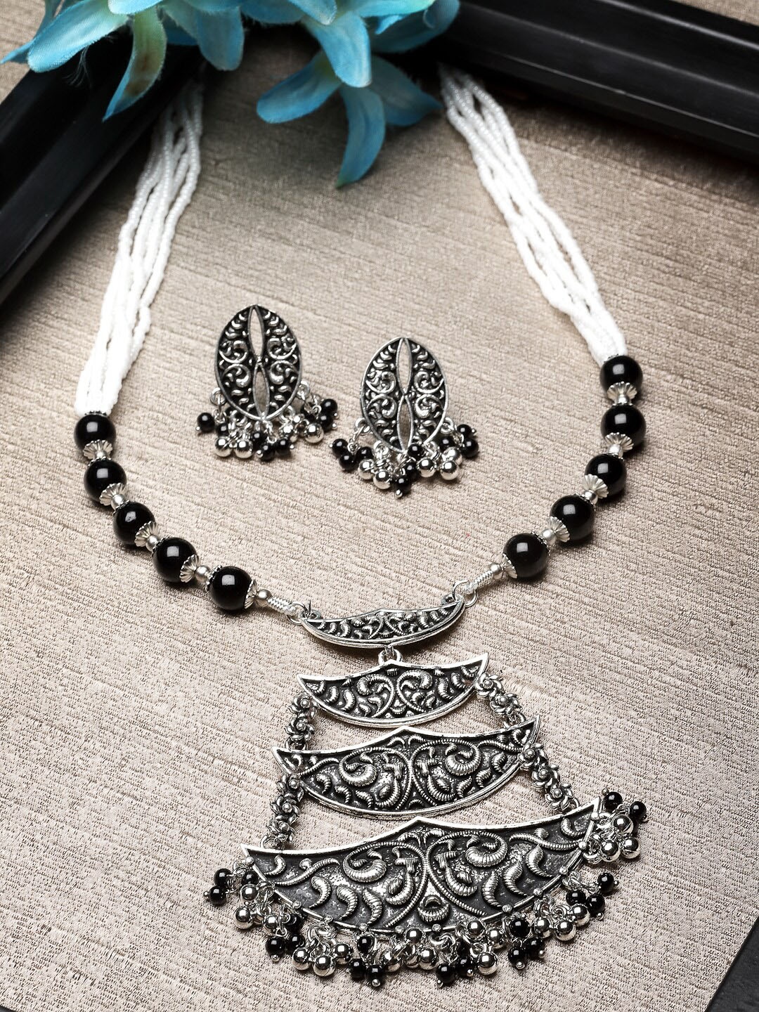

ADIVA Silver Plated Pearls Beaded Oxidised Jewellery Set