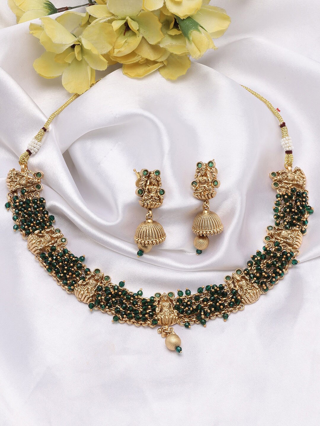 

ADIVA Gold-Plated Beaded & Stone Studded Temple Jewellery Set