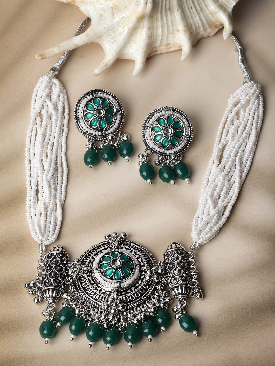 

ADIVA Silver-Plated Stones Studded & Pearl Beaded Oxidised Jewellery Set