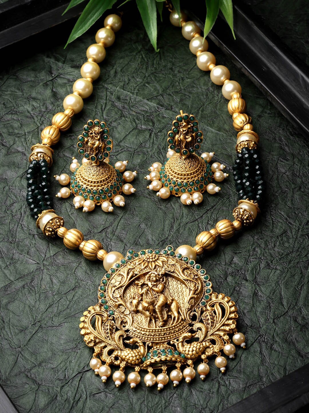 

ADIVA Gold-Plated Stone Studded & Beaded Jewellery Set