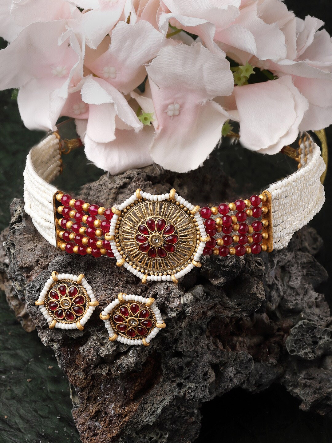 

ADIVA Gold-Plated Stone-Studded & Pearl-Beaded Jewellery Set