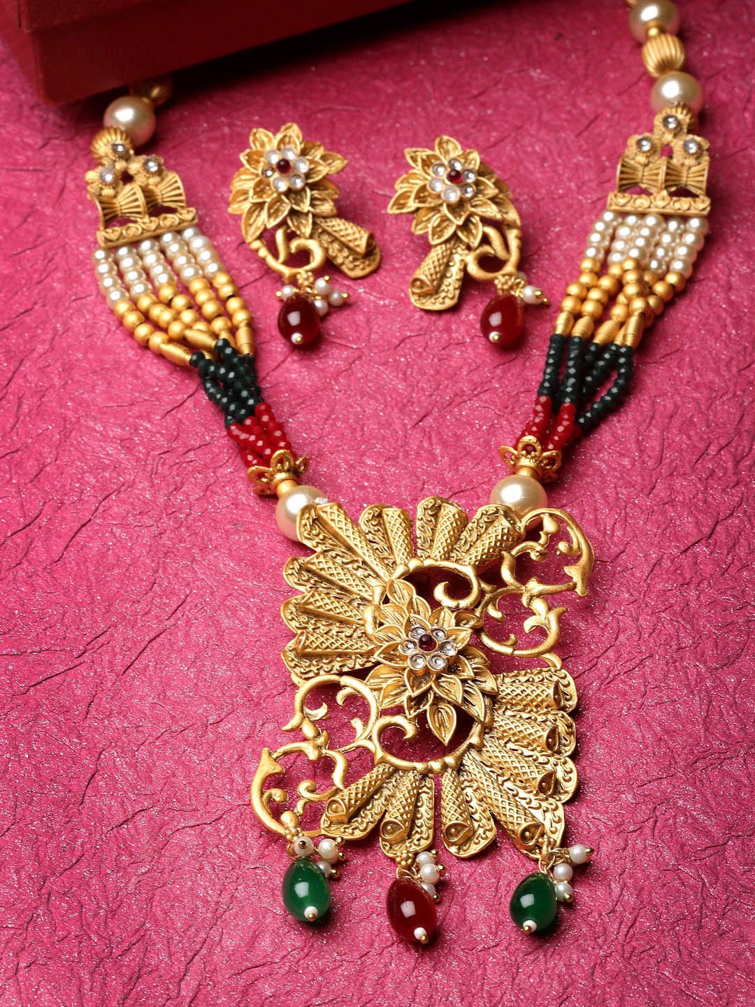 

ADIVA Gold-Plated Stone Studded & Beaded Jewellery Set
