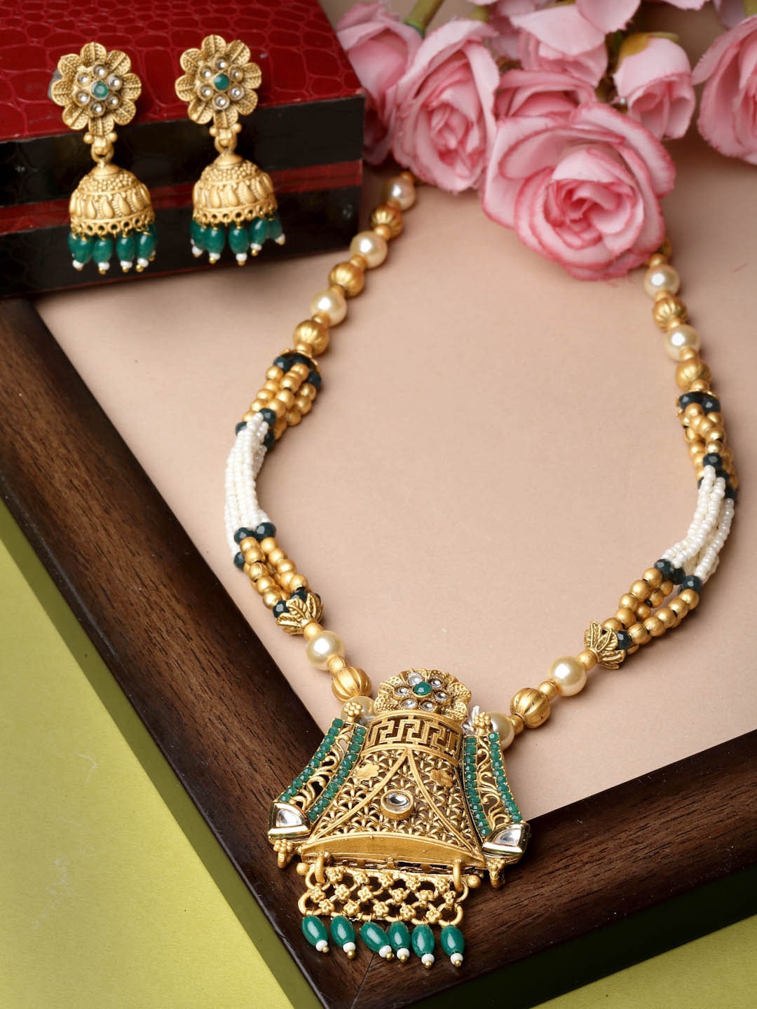 

ADIVA Gold-Plated Stone-Studded & Pearl-Beaded Jewellery Set