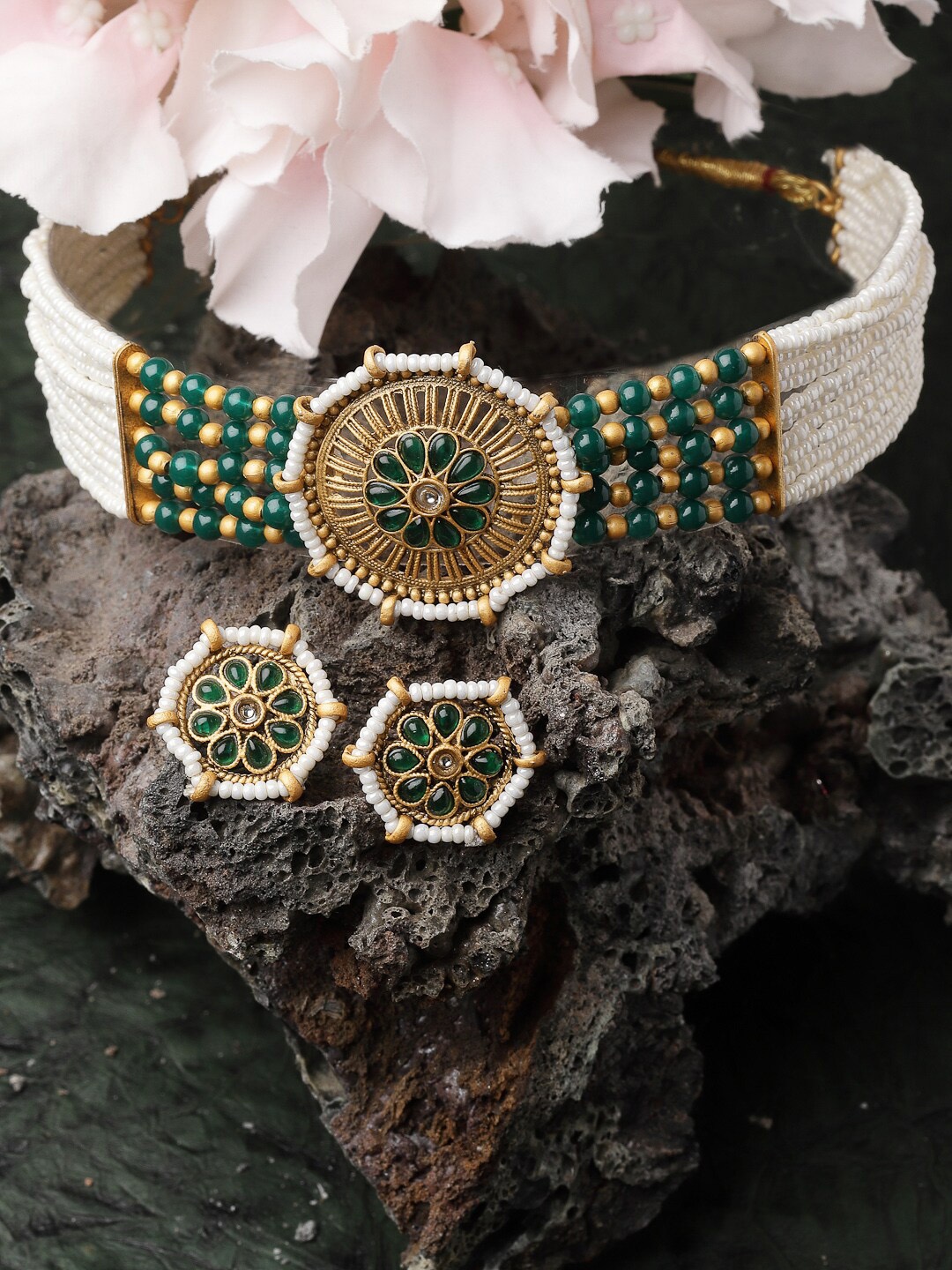 

ADIVA Gold-Plated Artificial-Stones Studded & Beaded Necklace And Earrings