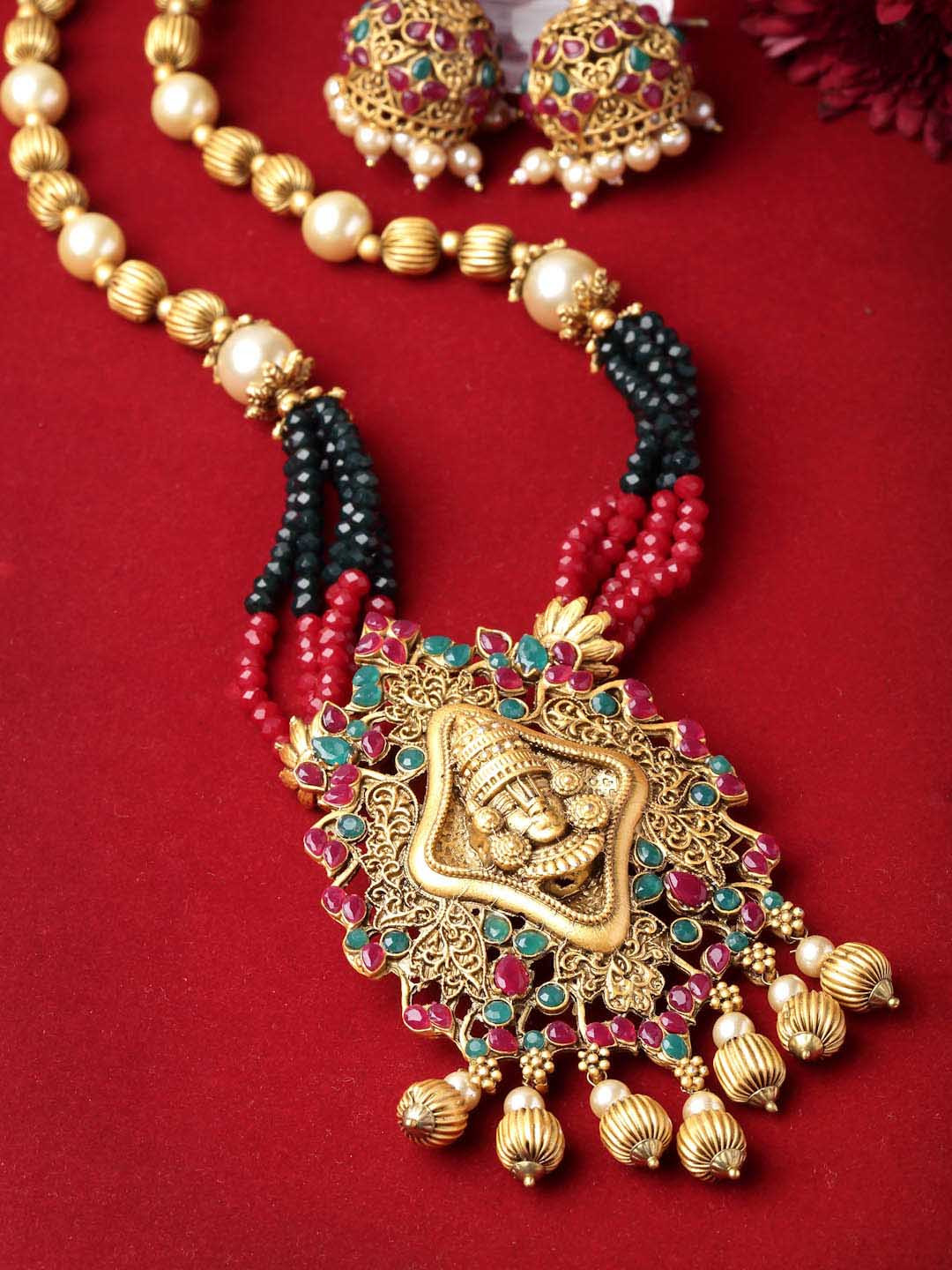 

ADIVA Gold-Plated Stone-Studded & Beaded Jewellery Set