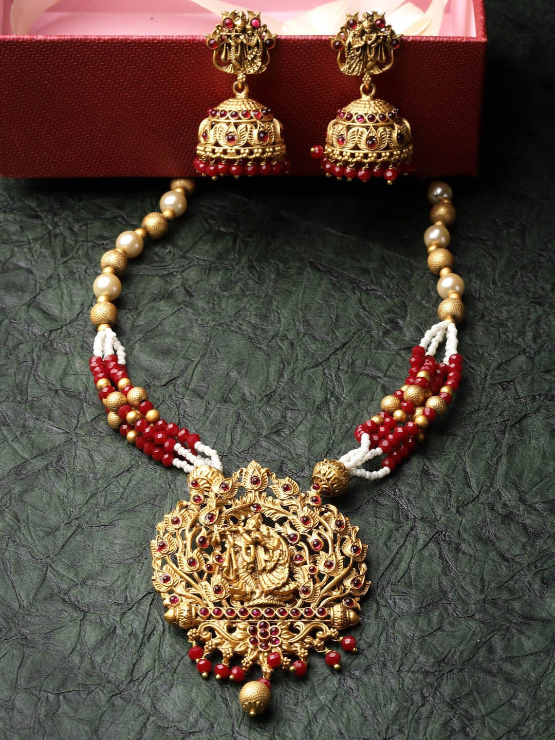 

ADIVA Gold-Plated Stone-Studded & Beaded Jewellery Set