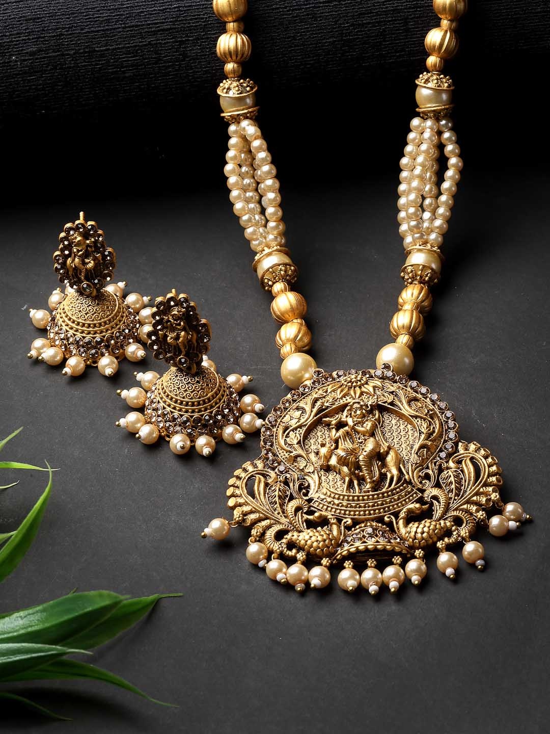 

ADIVA Gold-Plated Stones Studded & Beads Beaded Temple Jewellery Set