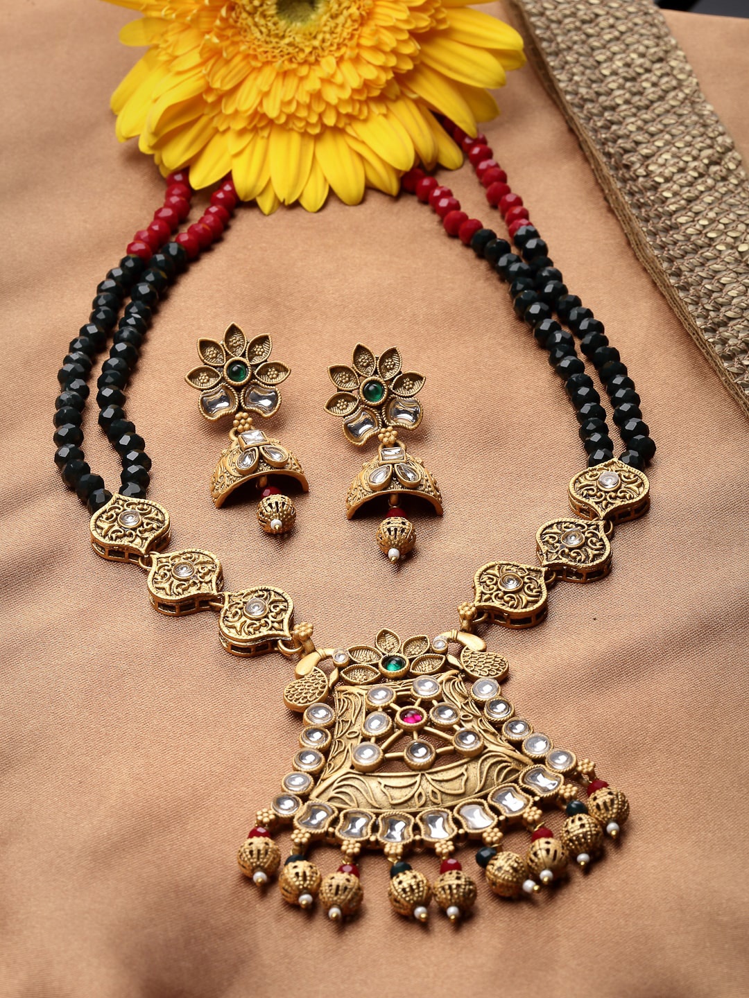 

ADIVA Gold-Plated Stone-Studded & Pearl-Beaded Jewellery Set