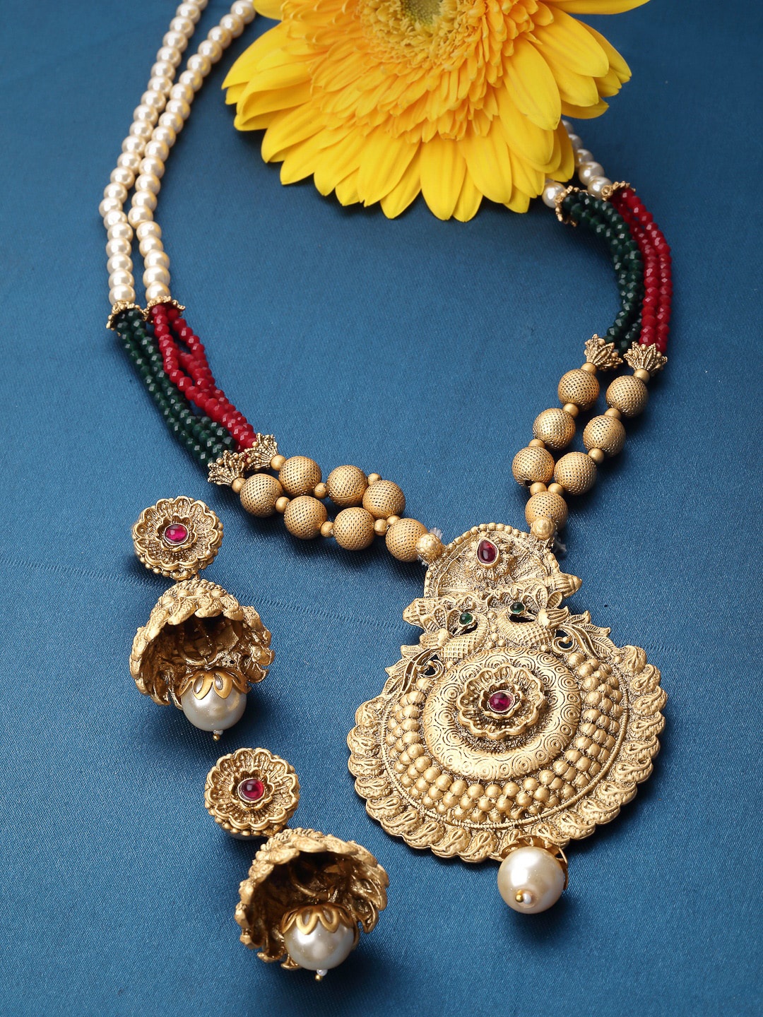 

ADIVA Gold Plated Stones Studded & Beaded Jewellery Set