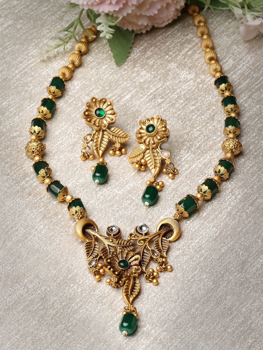 

ADIVA Gold-Plated Stone Studded & Beaded Jewellery Set