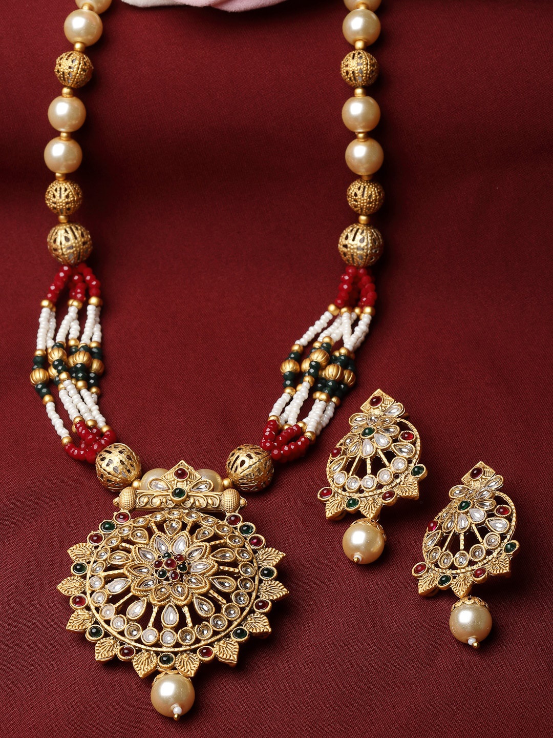 

ADIVA Gold-Plated Stone-Studded & Pearl-Beaded Jewellery Set