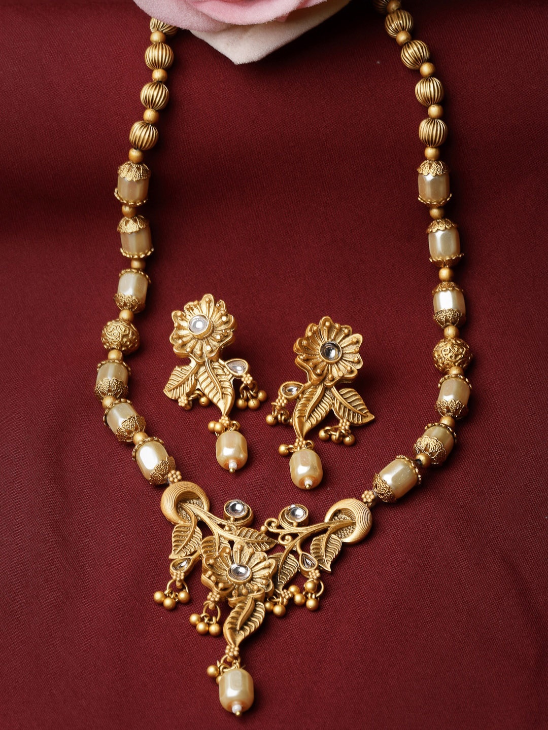 

ADIVA Gold-Plated Stones Studded & Beads Beaded Necklace With Earrings