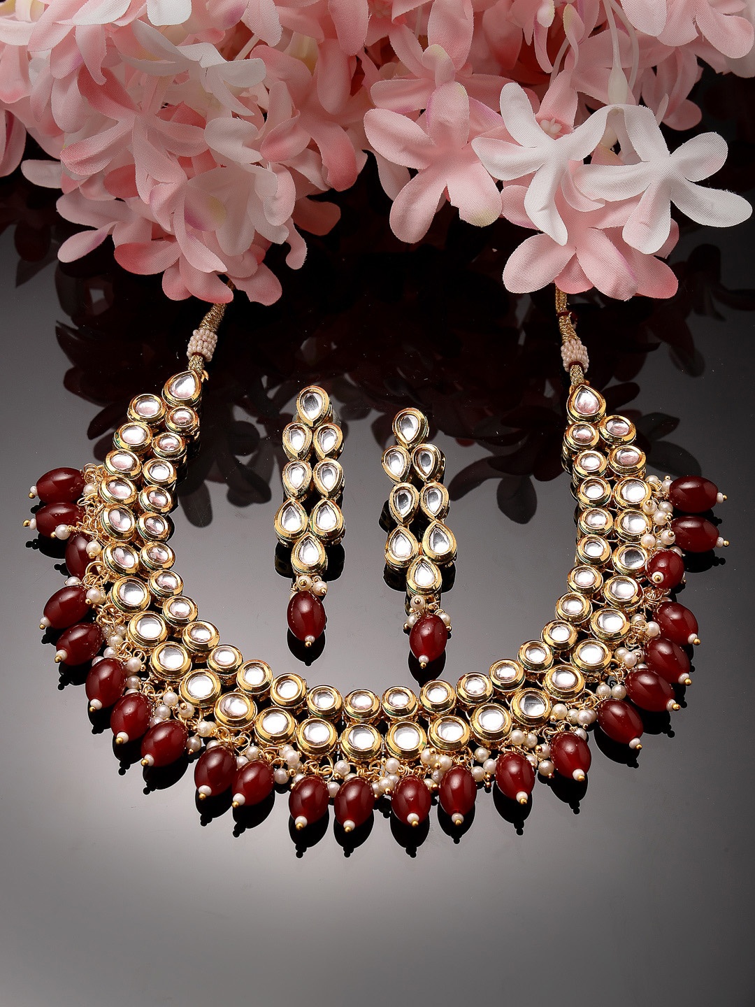 

ADIVA Gold-Plated Kundan Studded & Beads Beaded Necklace With Earrings