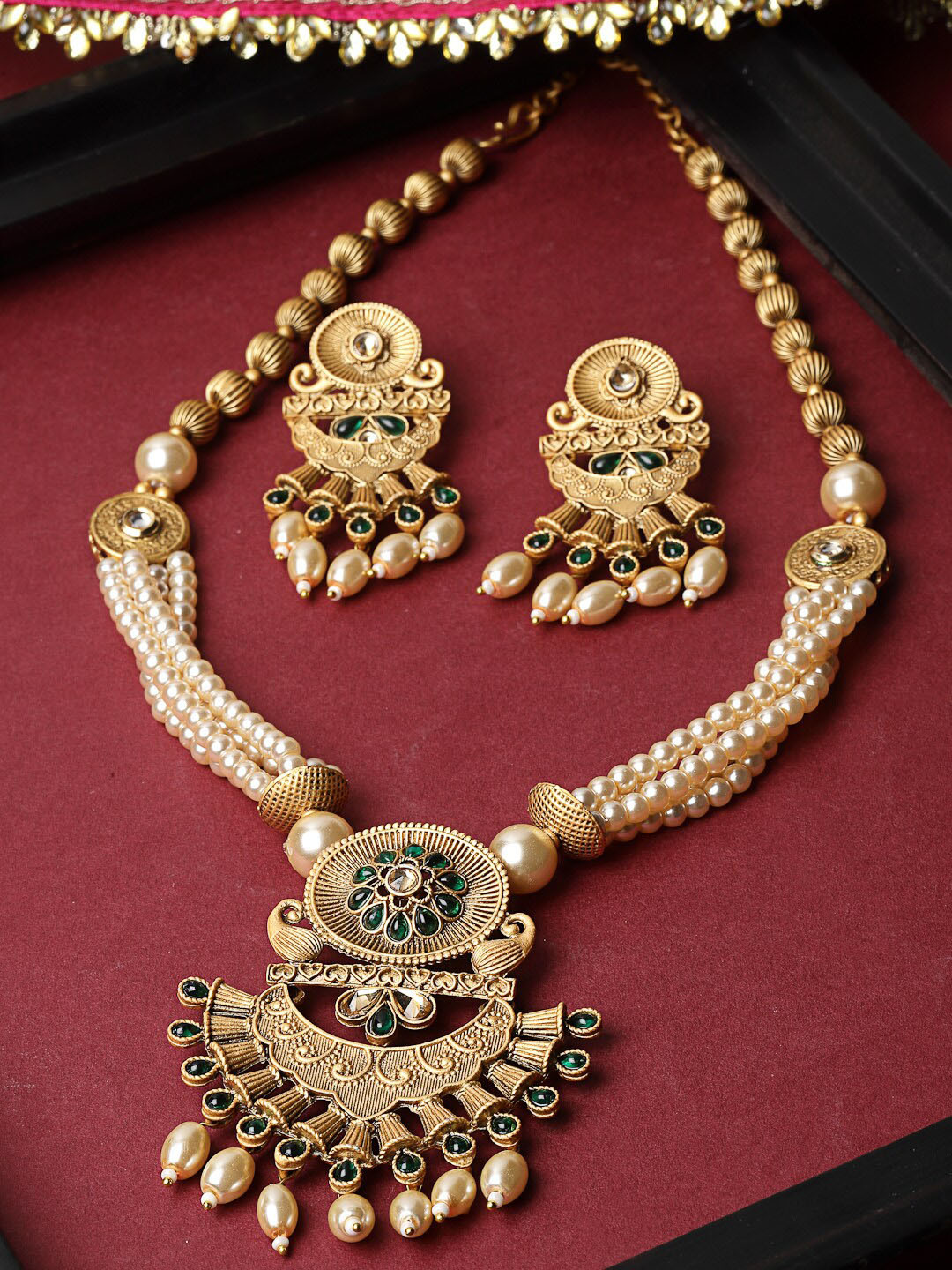 

ADIVA Gold-Plated Stones Studded & Beads Beaded Necklace With Earrings