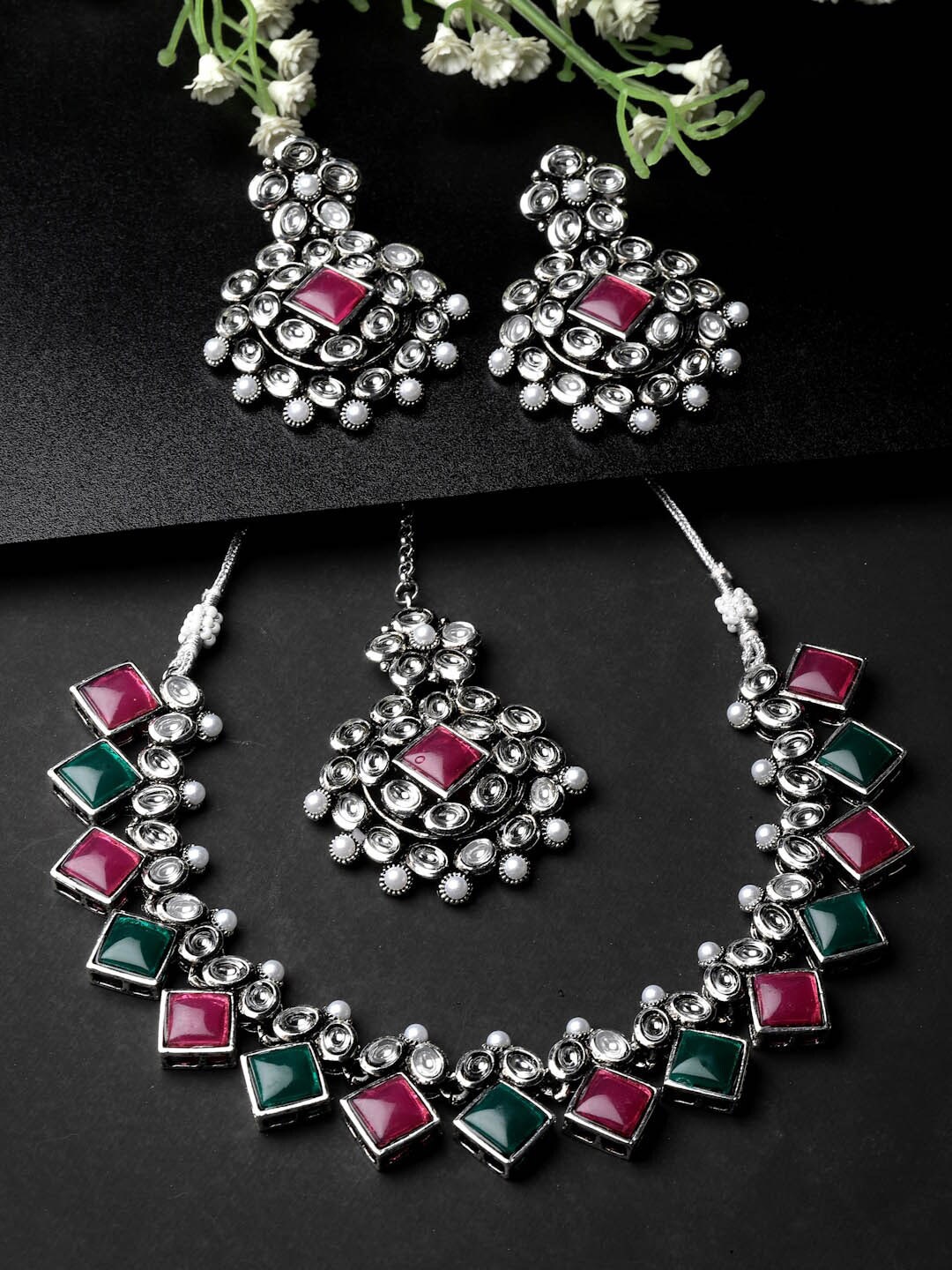 

ADIVA Silver-Plated Kundan Studded Jewellery Set