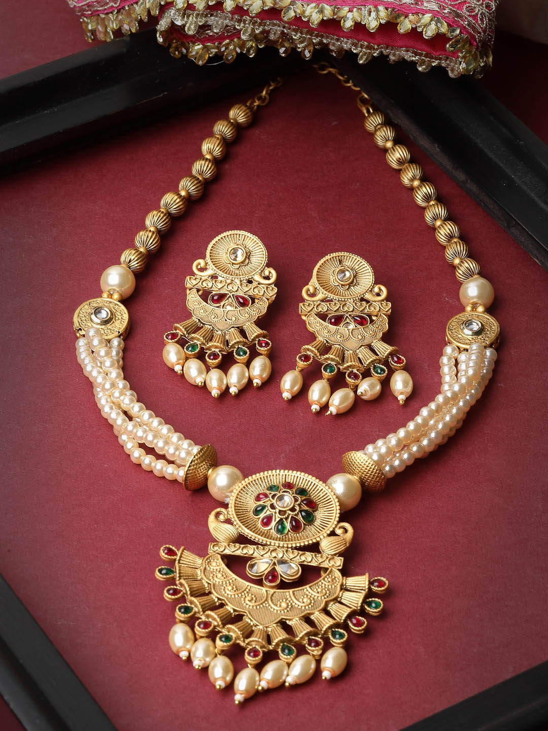 

ADIVA Gold-Plated Artificial Stones Studded & Pearls Beaded Jewellery Set