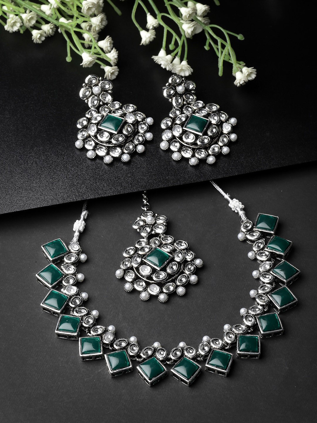 

ADIVA Silver-Plated Stone Studded & Beaded Jewellery Set