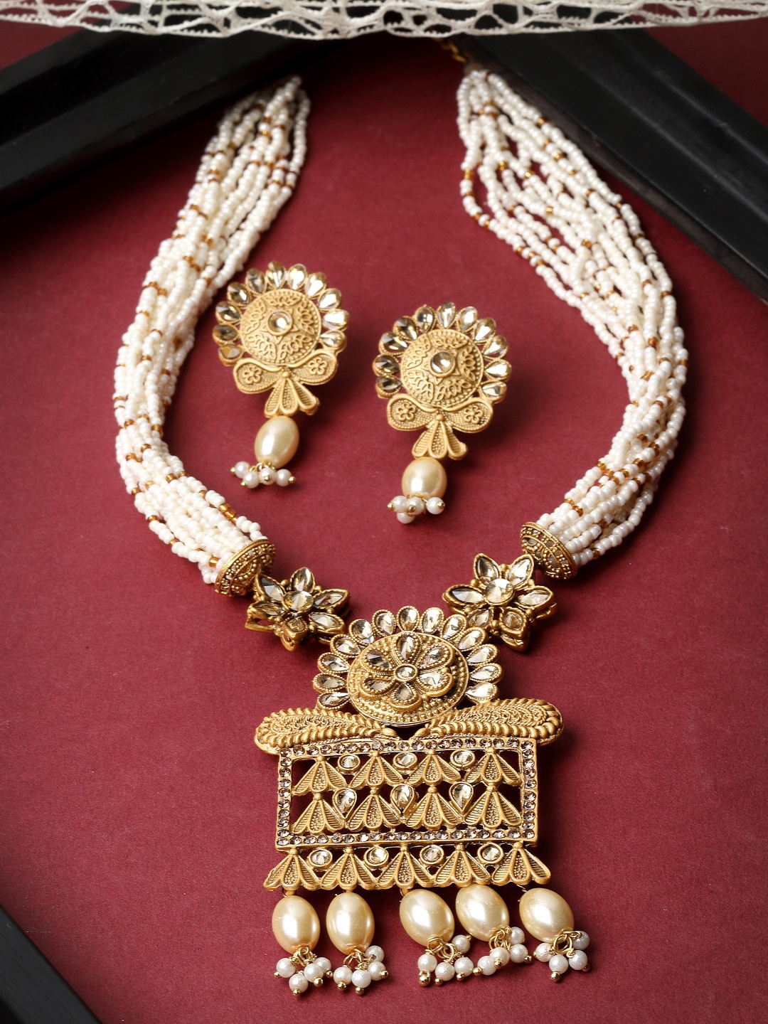 

ADIVA Gold Plated Stones Studded & Beaded Jewellery Set