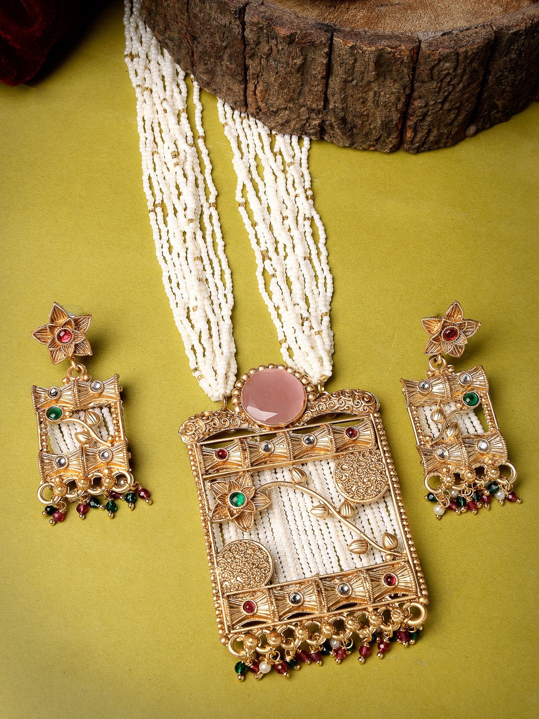 

ADIVA Gold-Plated Stone Studded Beaded Jewellery Set