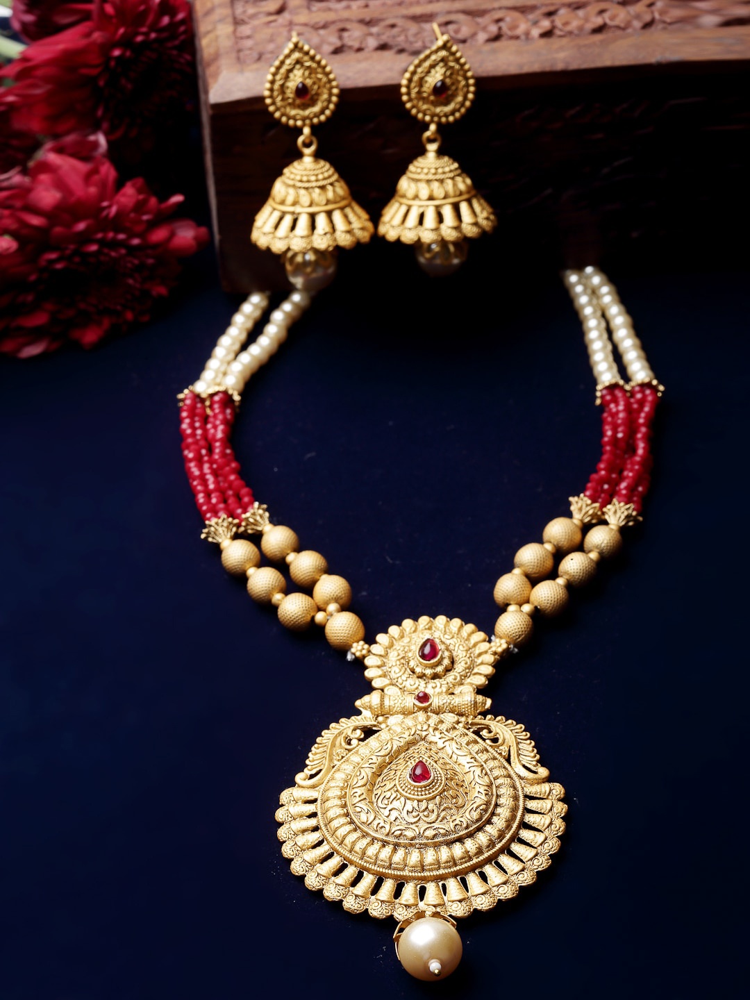 

ADIVA Gold Plated Stones Studded & Beaded Jewellery Set