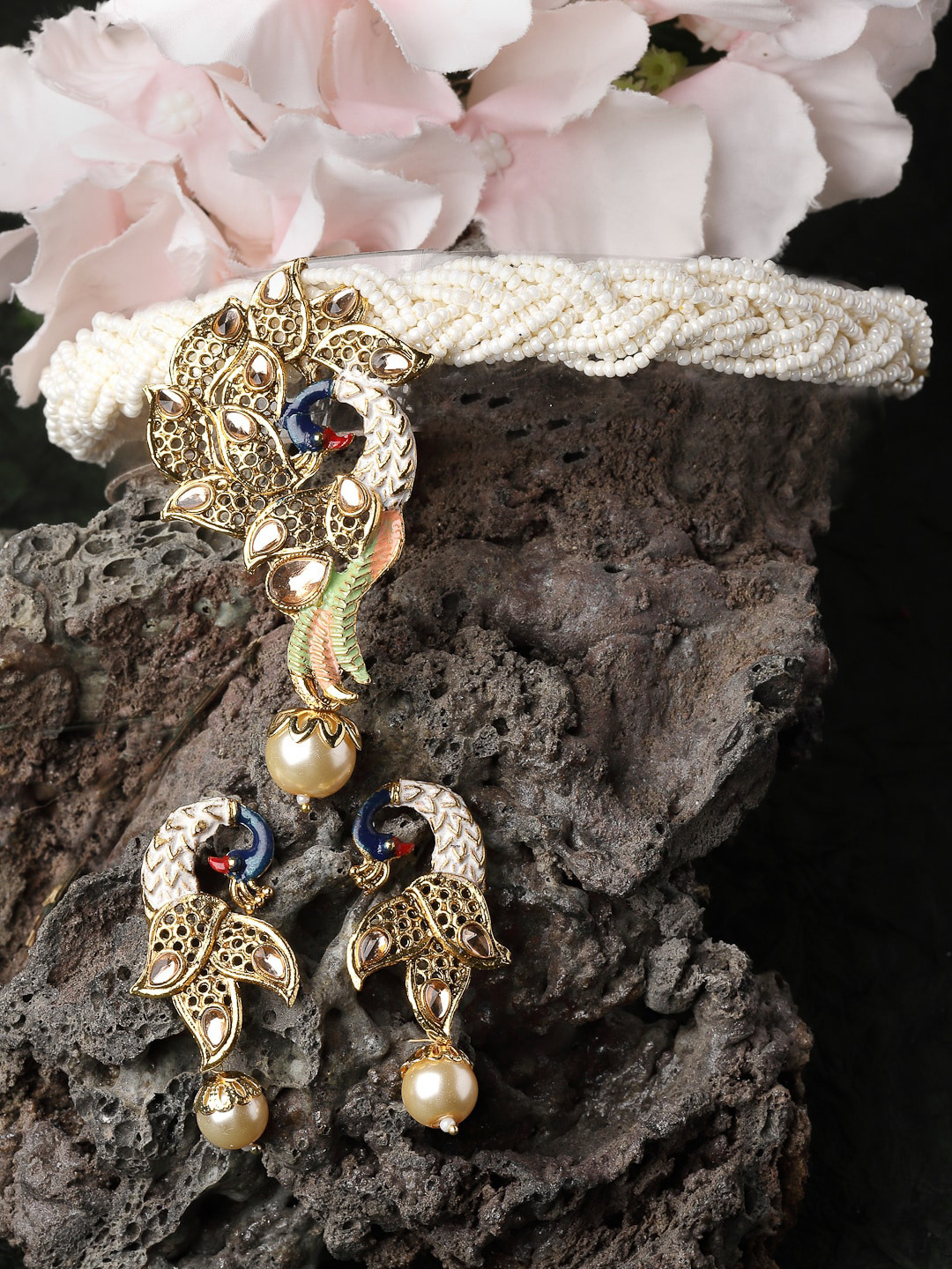 

ADIVA Gold-Plated Stone Studded & Beaded Jewellery Set