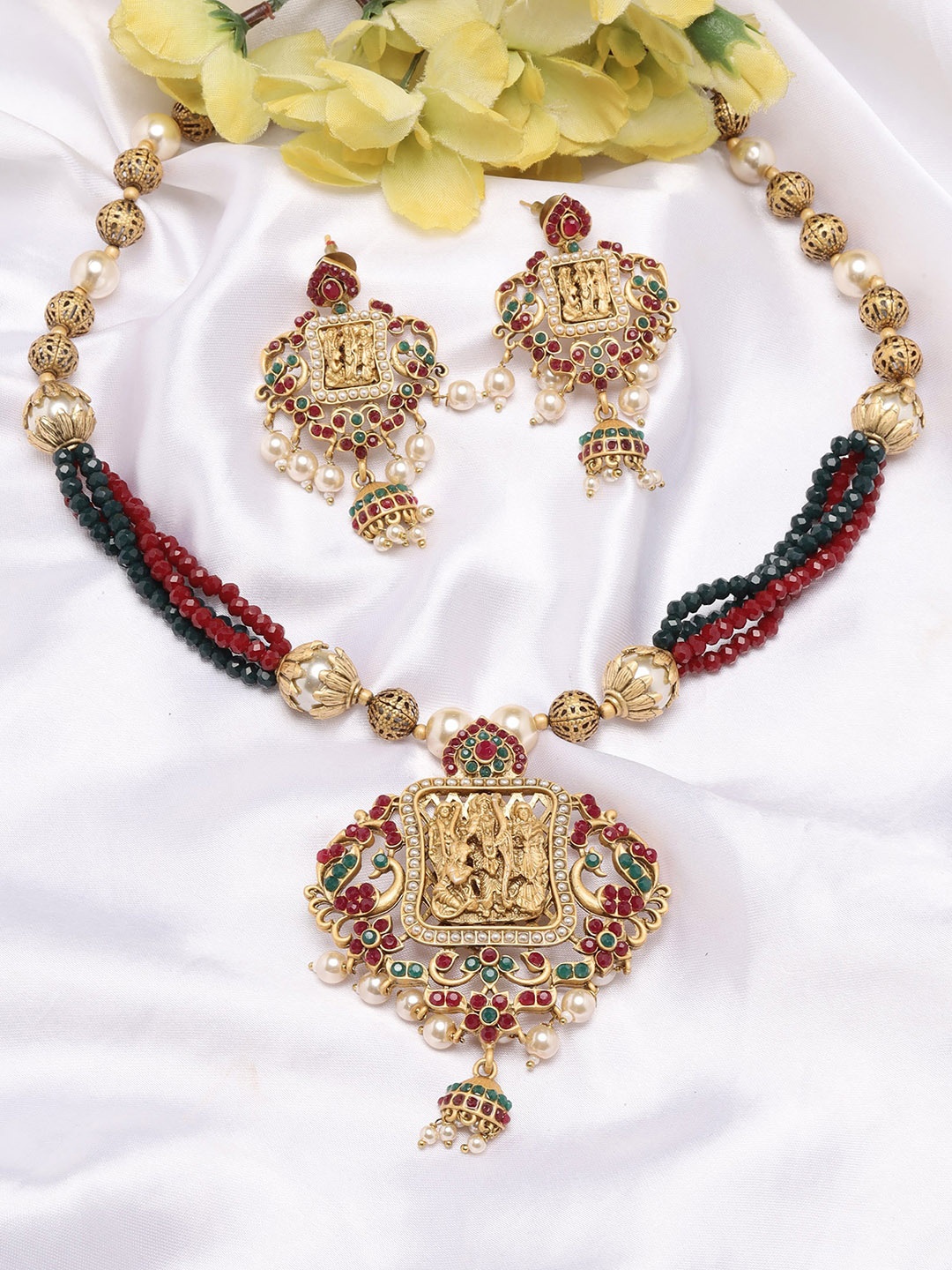 

ADIVA Gold-Plated Stone-Studded & Beaded Jewellery Set