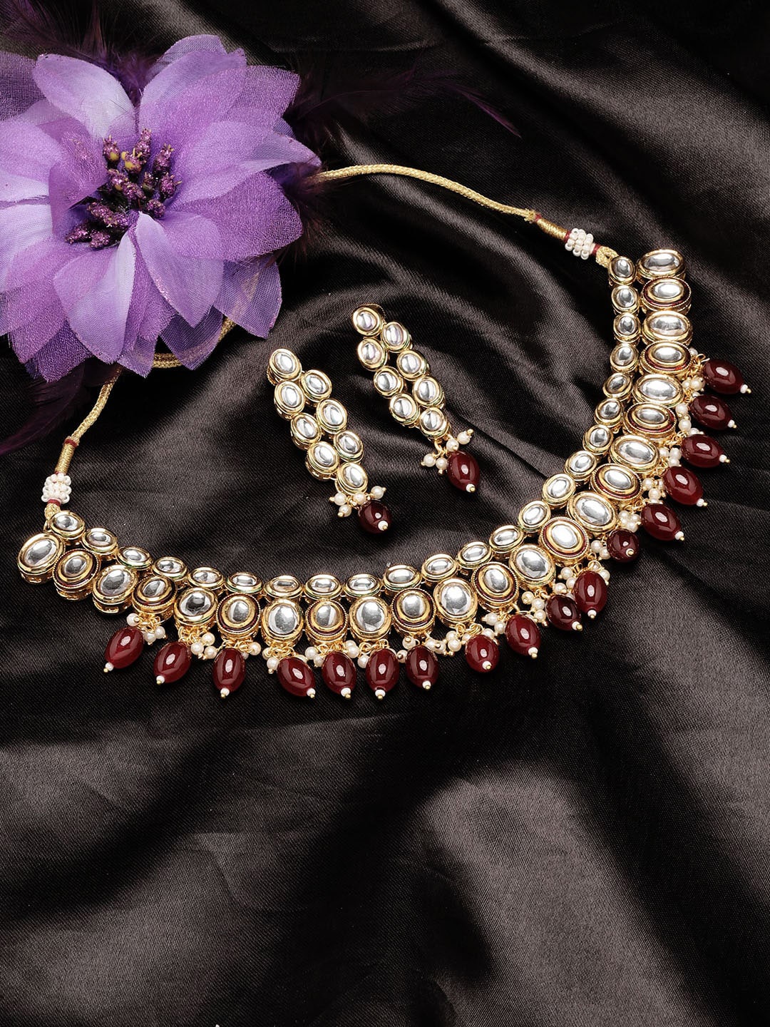 

ADIVA Gold-Plated Kundan Stone Studded & Beaded Jewellery Set