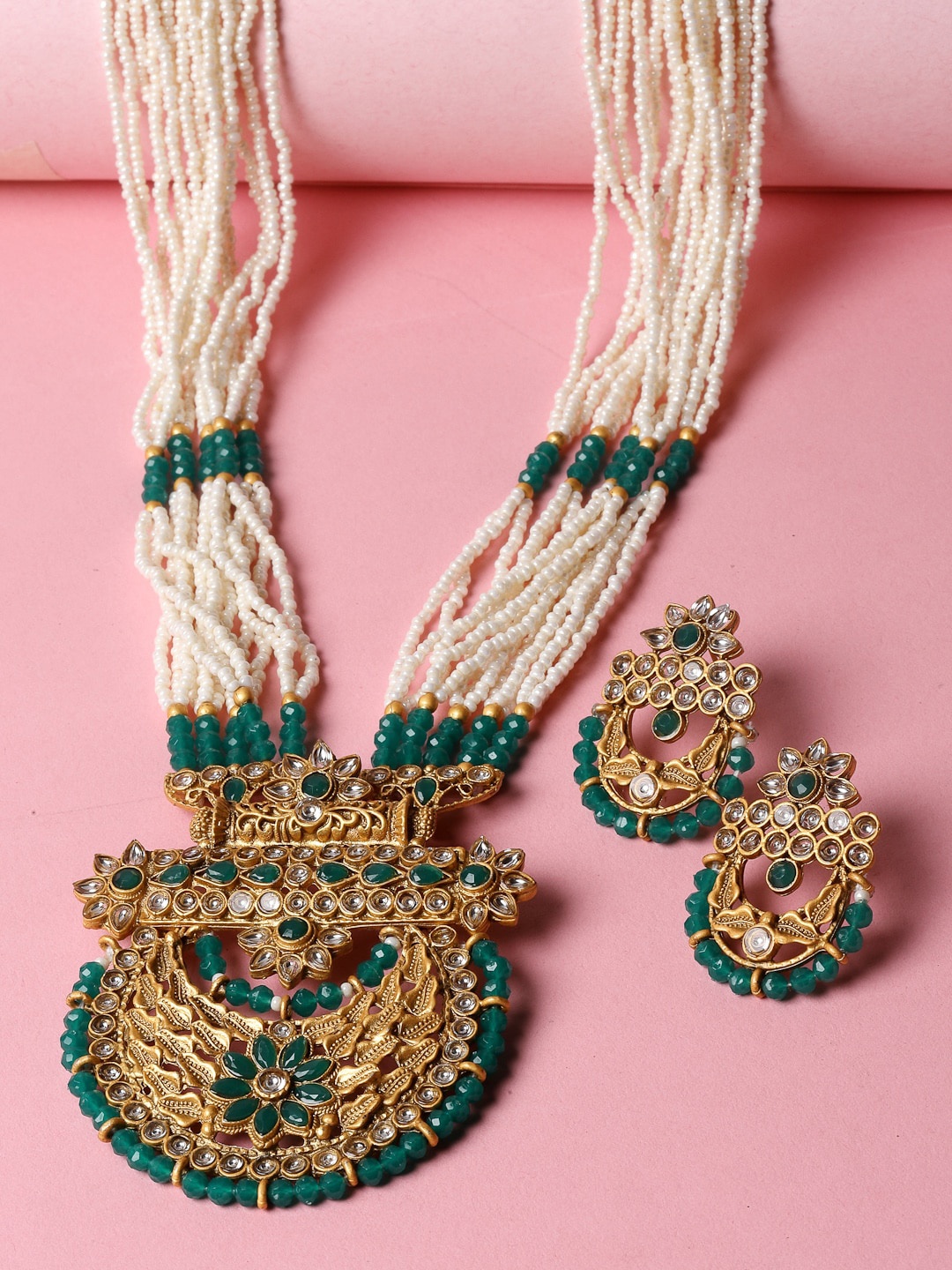 

ADIVA Gold-Plated Stones-Studded & Beaded Jewellery Set