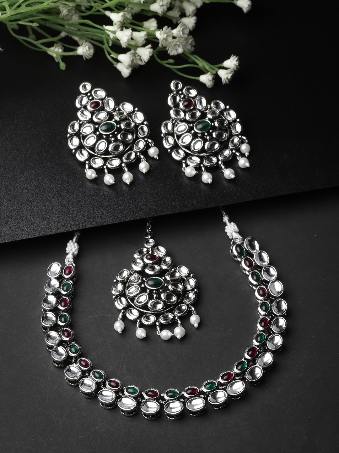 

ADIVA Sliver-Plated Kundan & Pearls Studded Oxidised Jewellary Set, Silver