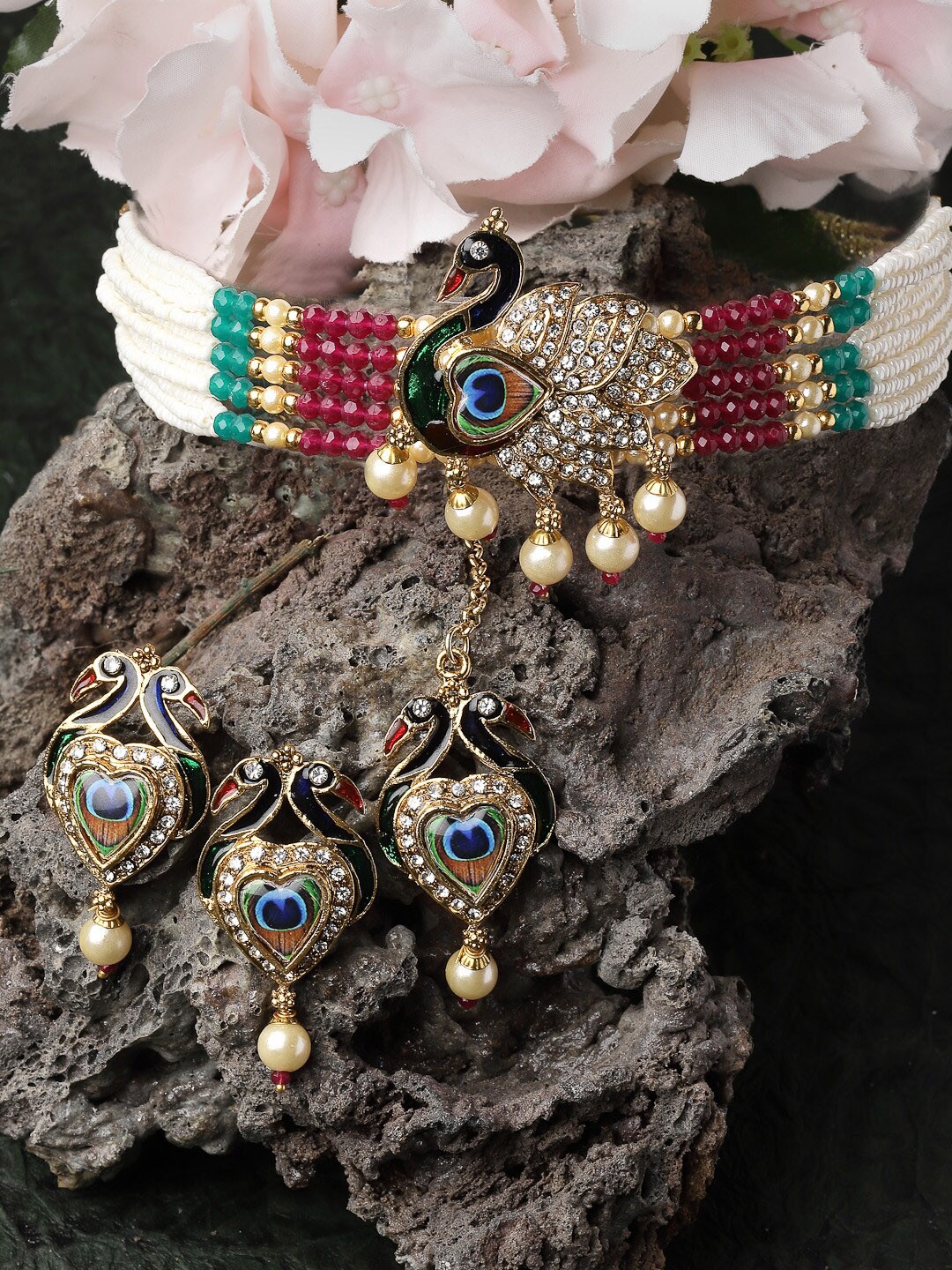 

ADIVA Gold Plated CZ Studded & Pearls Beaded Peacock Design Jewellery Set