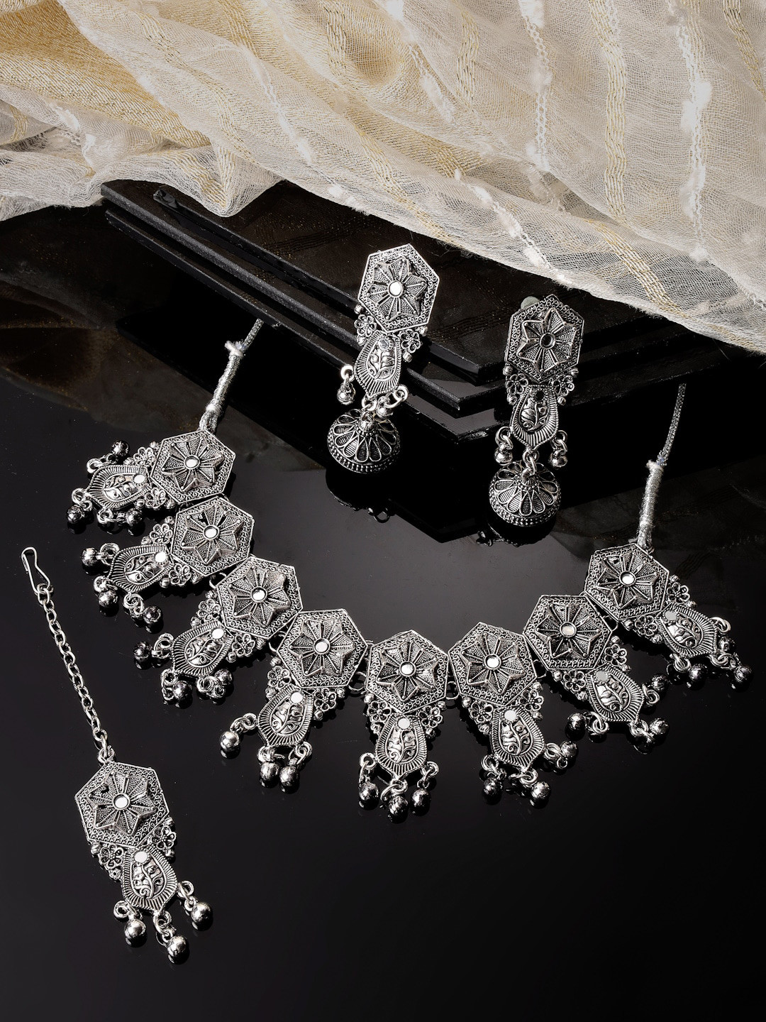 

ADIVA Silver-Plated Mirror Work Oxidised Jewellery Set