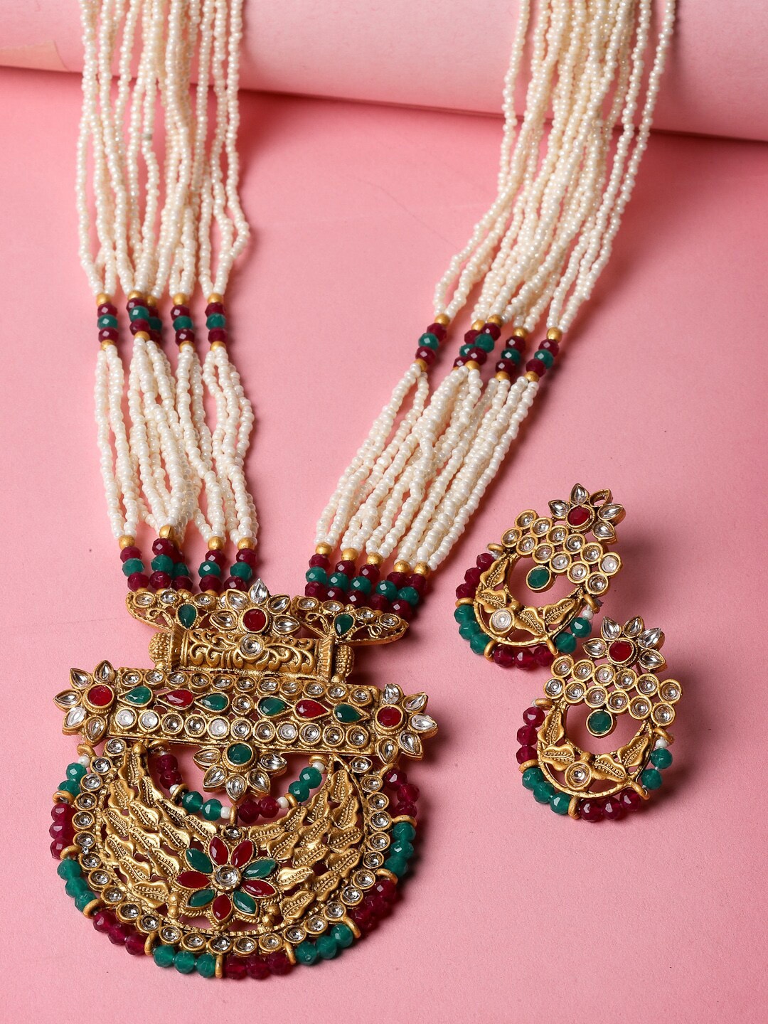 

ADIVA Gold-Plated Stone Studded & Beaded Jewellery Set