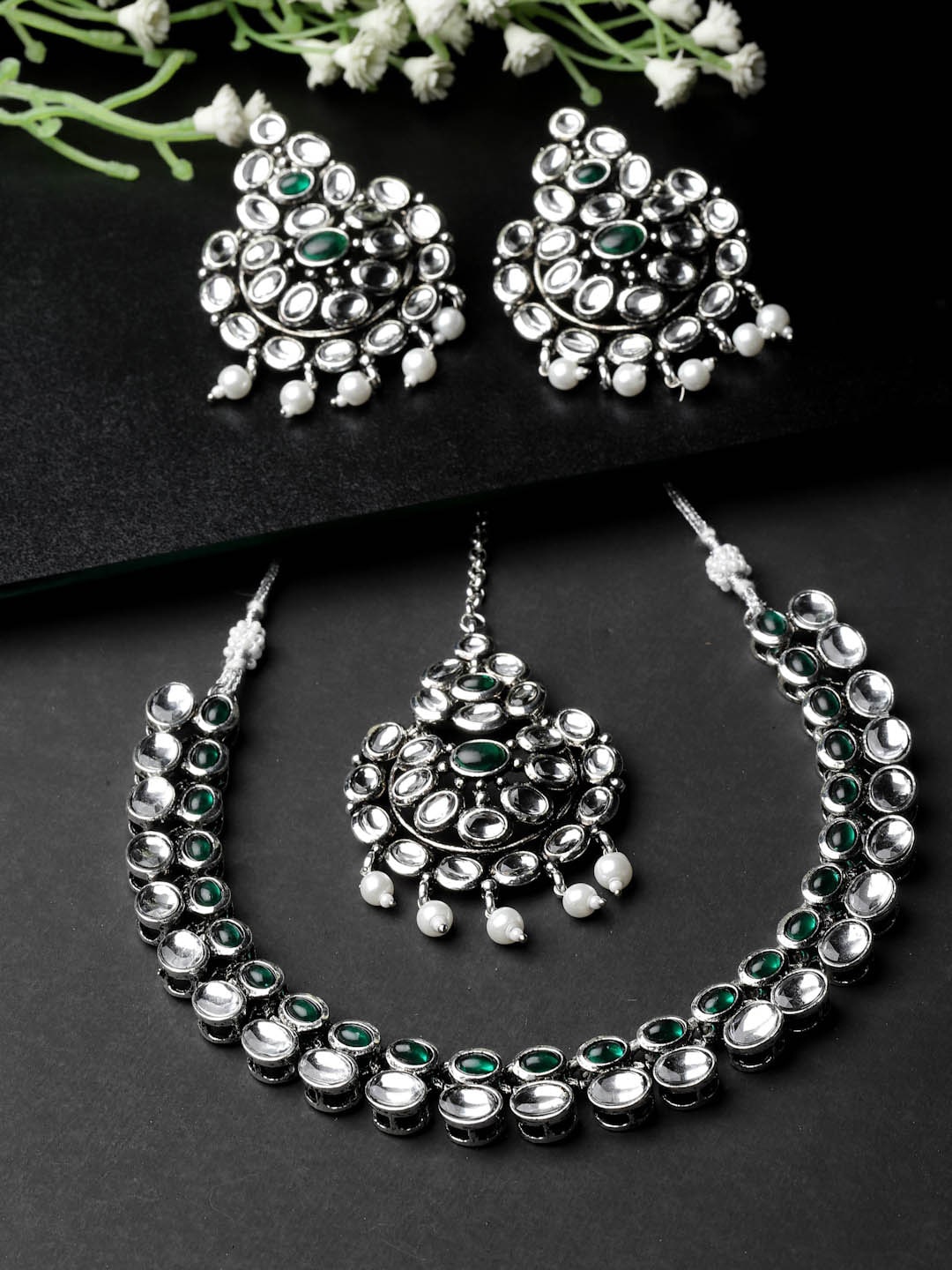 

ADIVA Silver-Plated Kundan Stone Studded Oxidised Jewellery Set