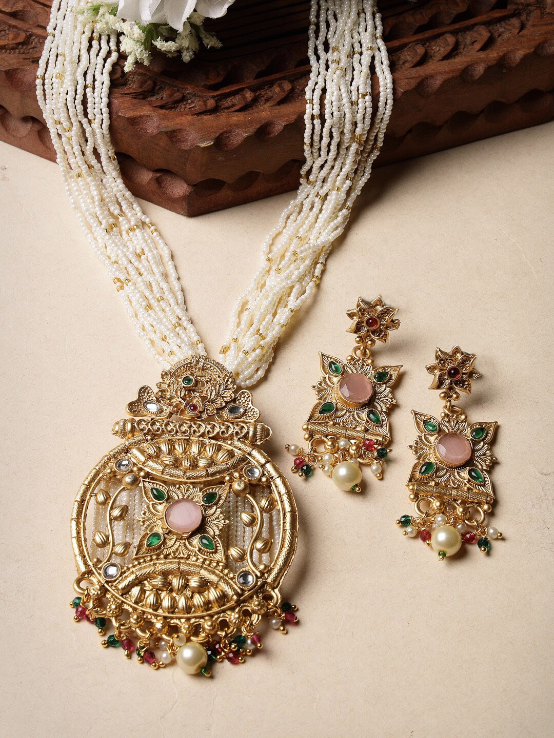 

ADIVA Gold-Plated Stone-Studded & Beaded Jewellery Set