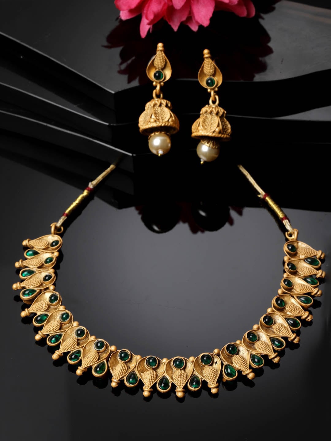 

ADIVA Gold-Plated Stone-Studded & Beaded Jewellery Set