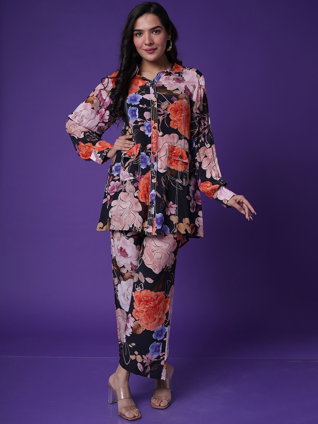 

ZARI Floral Printed Shirt With Trousers, Purple