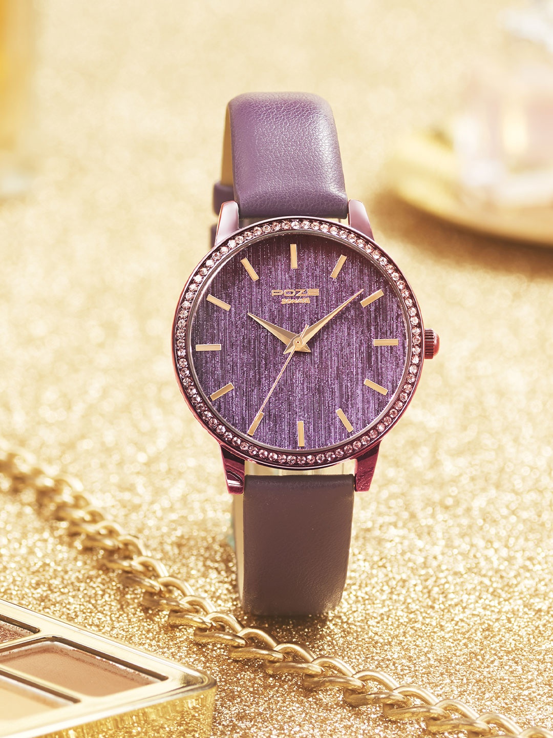 

Sonata Poze Women Brass Dial & Leather Textured Straps Analogue Watch SP80044QL01W, Purple