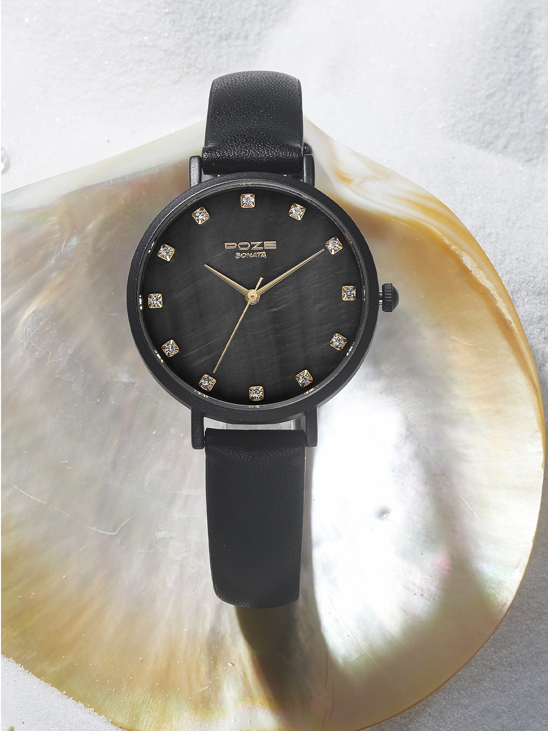 

Sonata Women Leather Straps Analogue Watch SP80045NL01W, Black