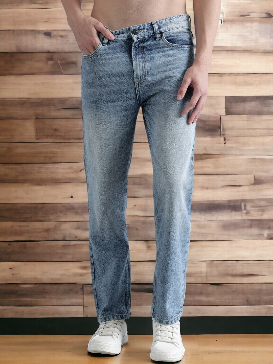 

Bene Kleed Men Relaxed Fit Mid-Rise Clean Look Light Fade Cotton Jeans, Blue