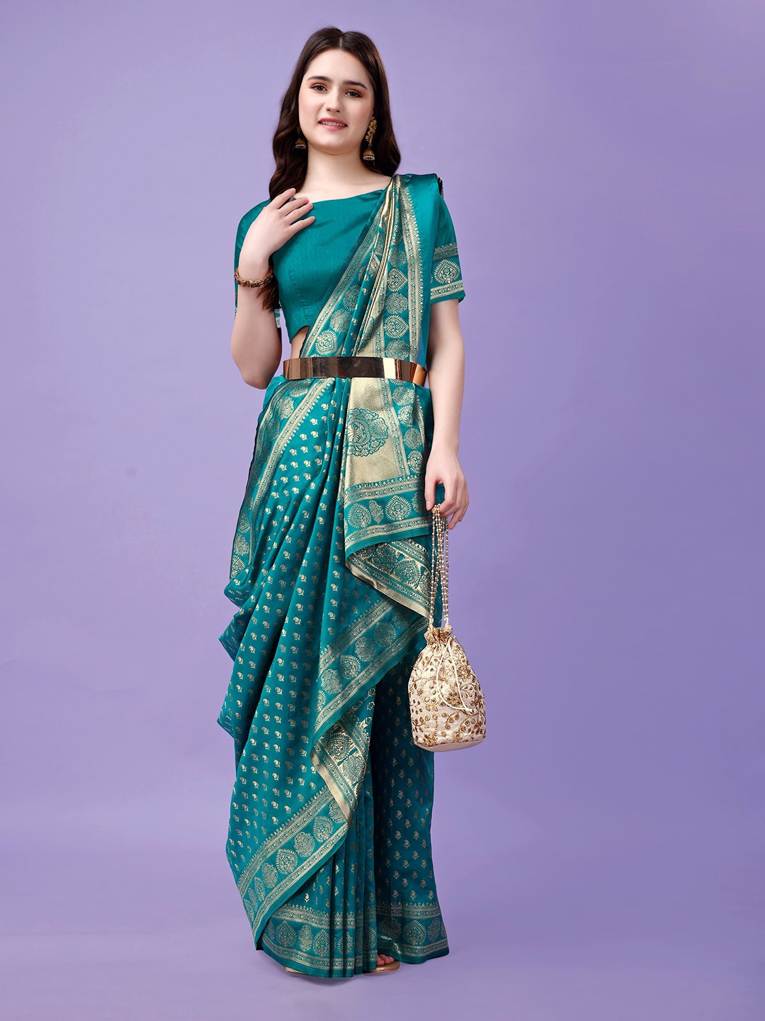 

Leelavati Ethnic Motifs Zari Pure Silk Kanjeevaram Saree, Turquoise blue