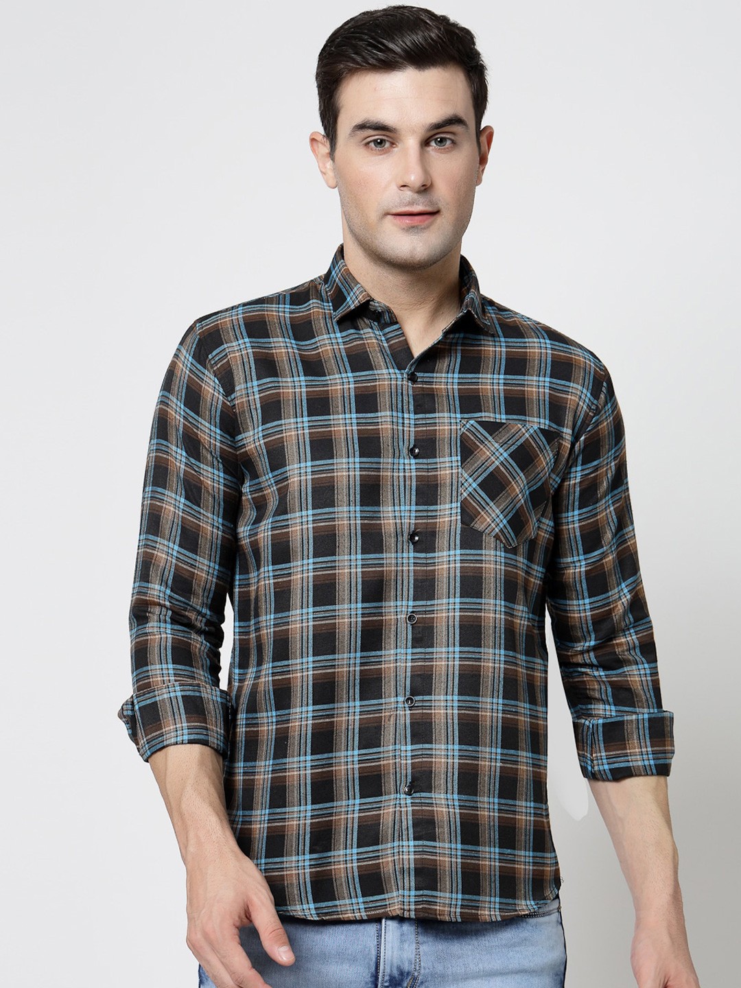 

ADWYN PETER New Spread Collar Tartan Checks Opaque Casual Shirt, Blue