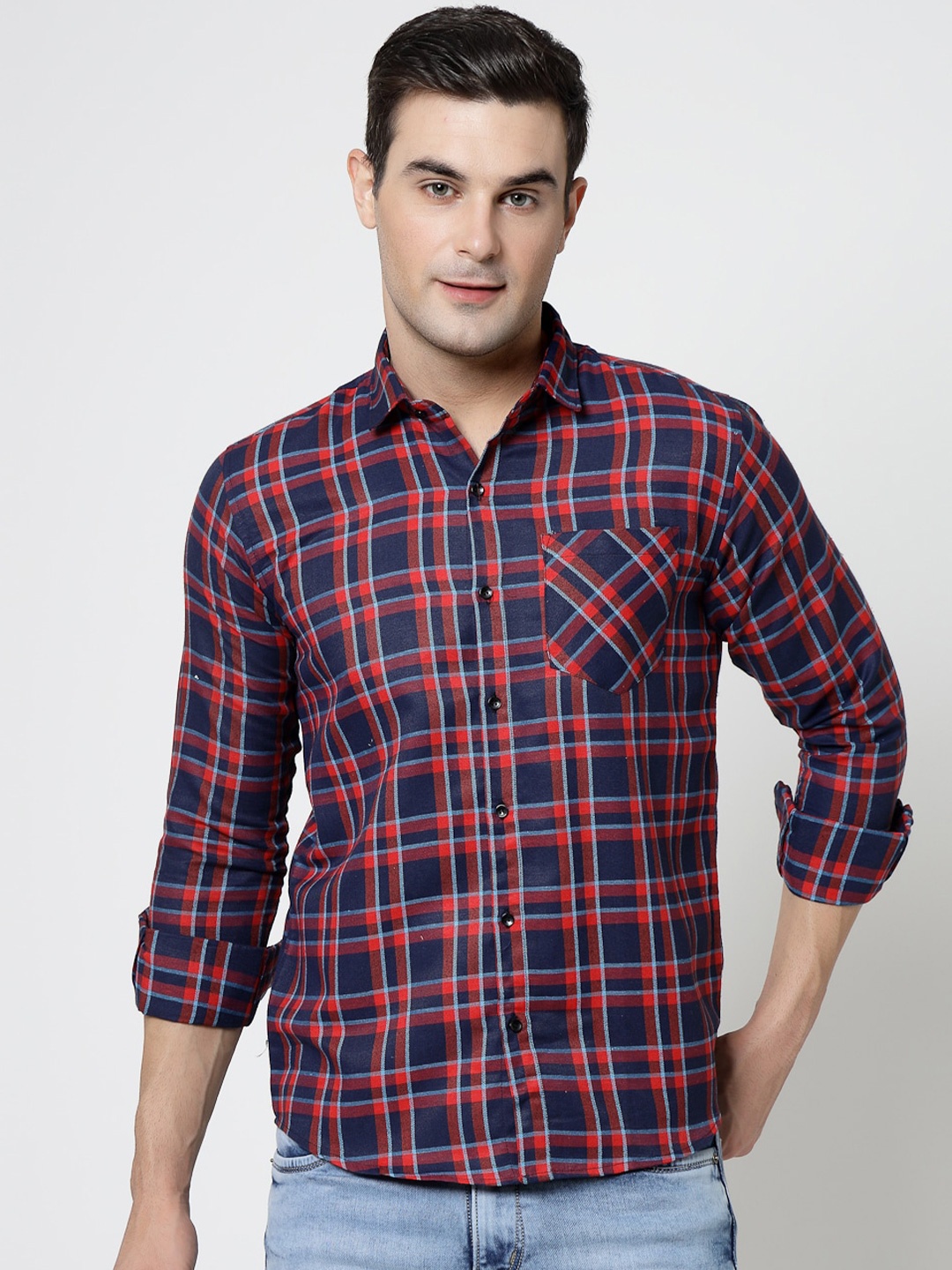 

ADWYN PETER Tartan Checks Spread Collar Casual Shirt, Red