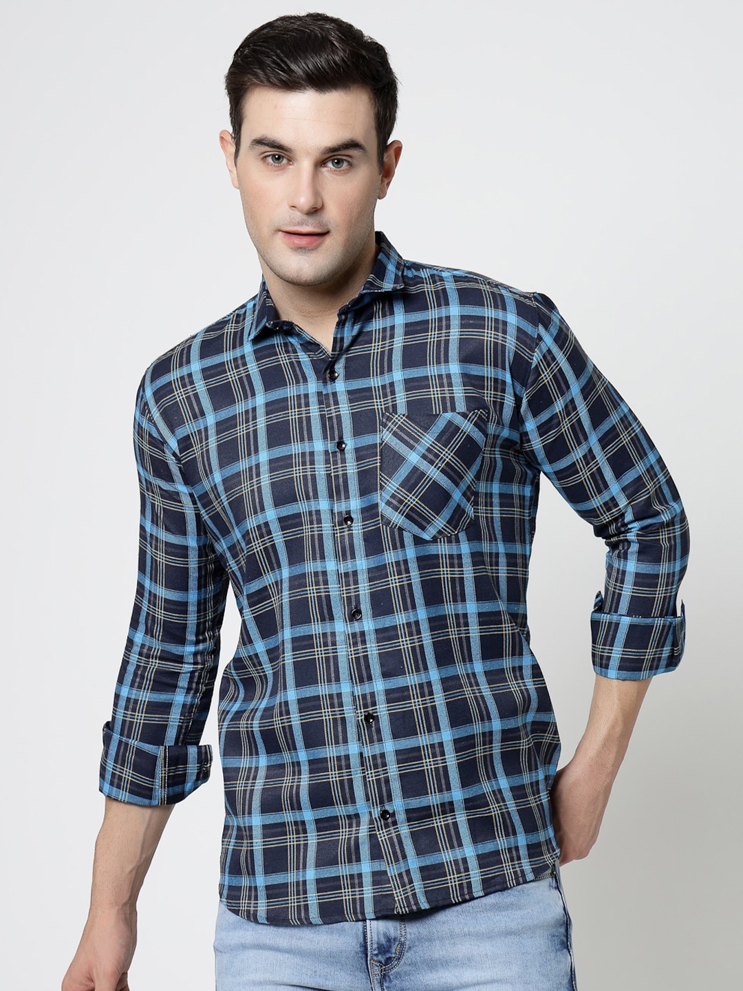 

ADWYN PETER Tartan Checks Spread Collar Chest Pocket Long Sleeves Casual Shirt, Green