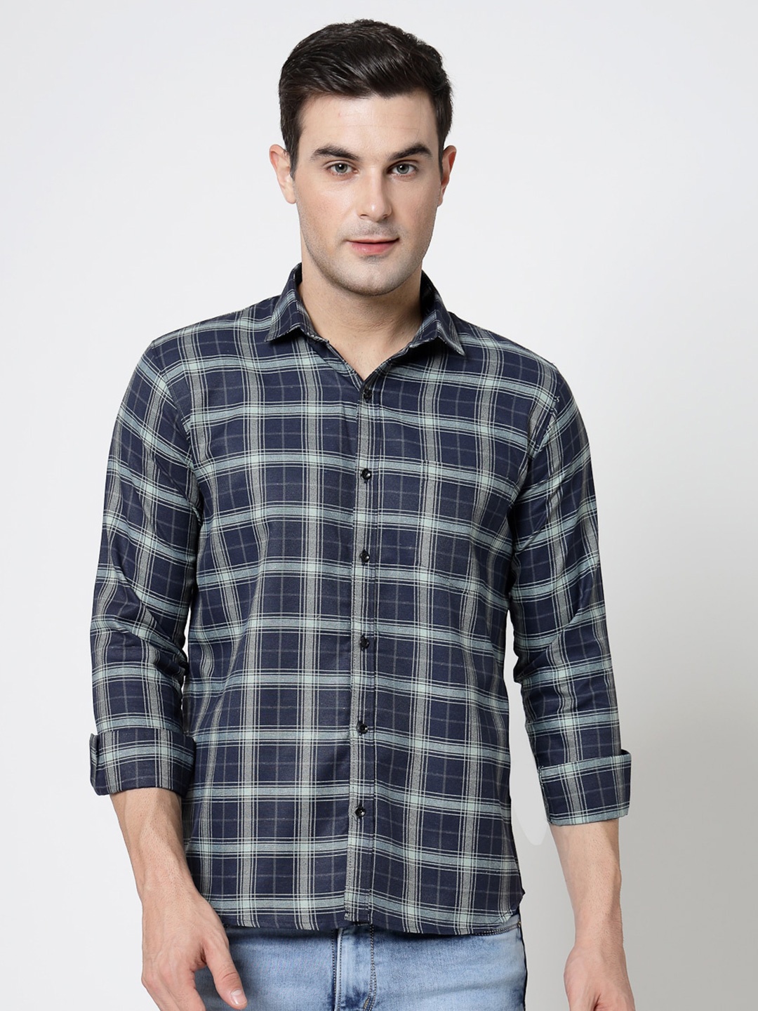 

ADWYN PETER Tartan Checks Spread Collar Casual Shirt, Blue