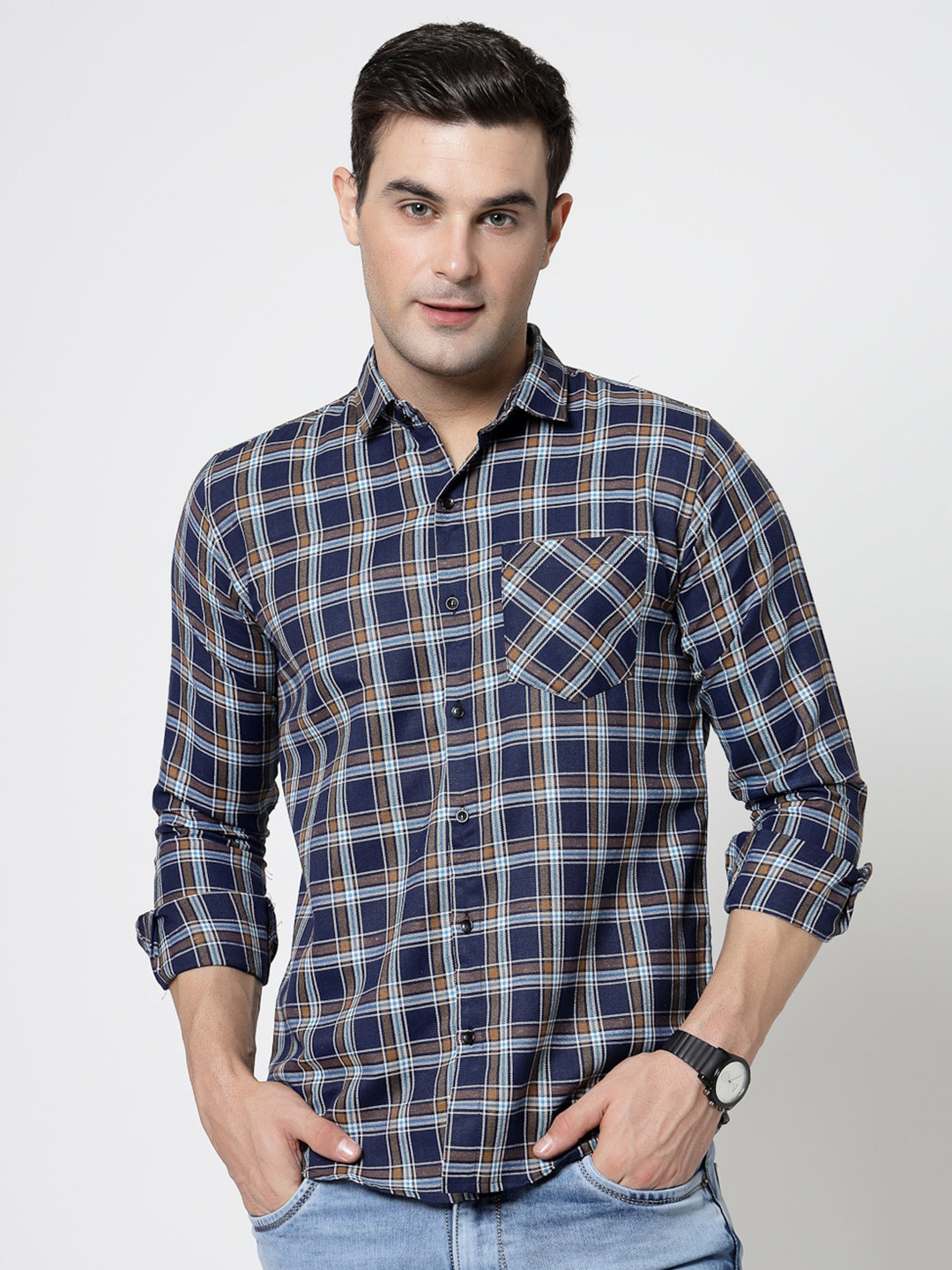 

ADWYN PETER Tartan Checks Spread Collar Casual Shirt, Grey