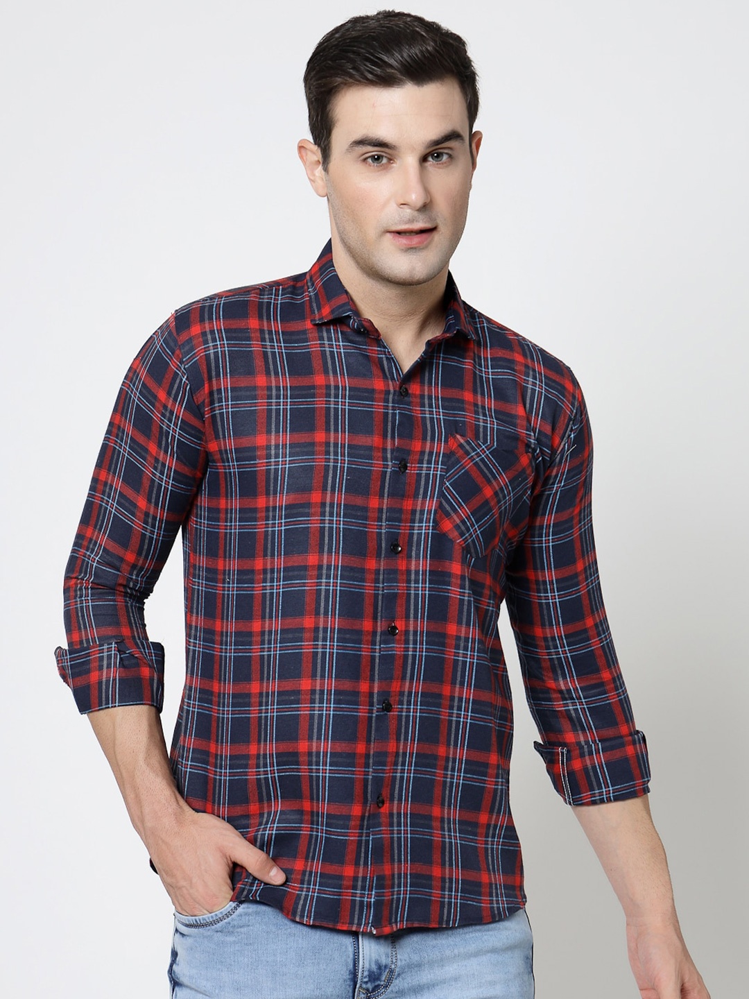 

ADWYN PETER Tartan Checks Spread Collar Chest Pocket Long Sleeves Casual Shirt, Blue