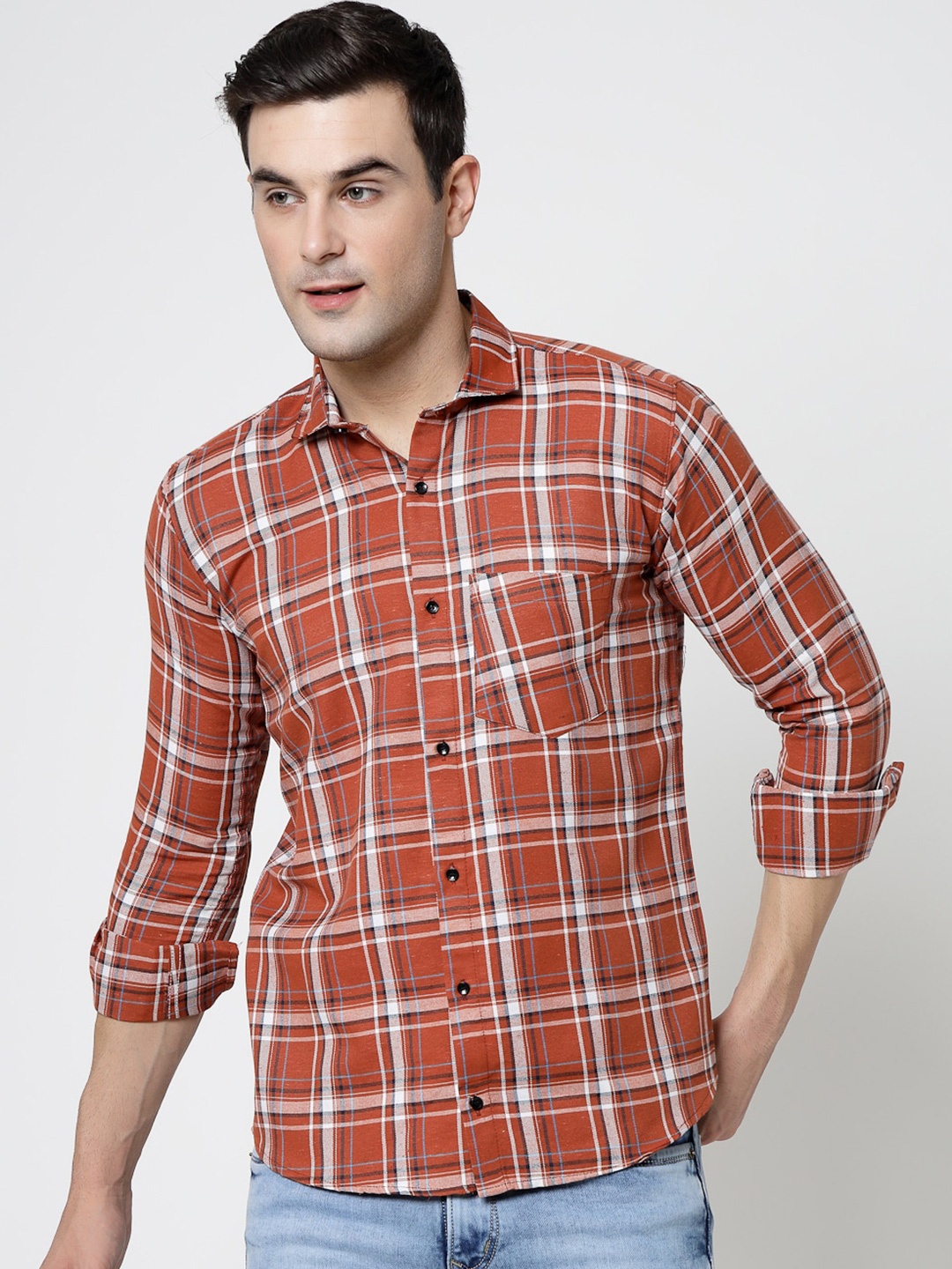 

ADWYN PETER New Spread Collar Tartan Checks Opaque Casual Shirt, Brown