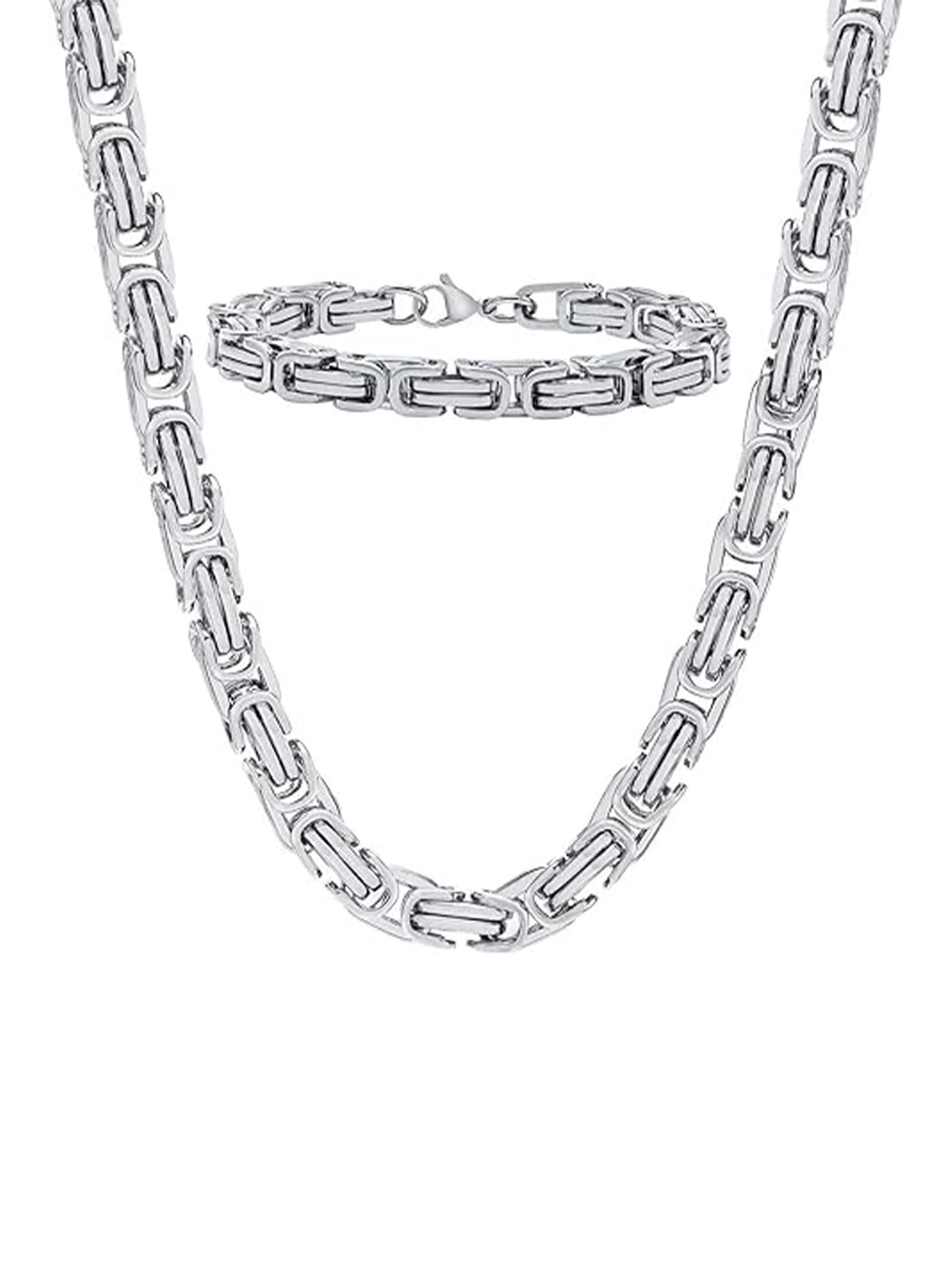 

MEENAZ Men Set Of 2 Stainless Steel Silver-Plated Choker Chain & Bracelet