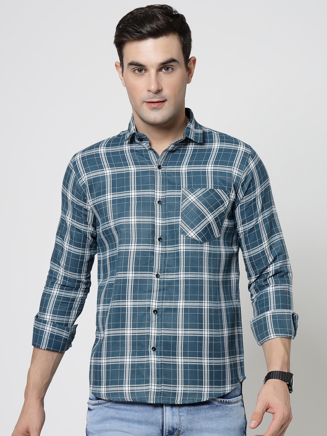 

ADWYN PETER New Spread Collar Tartan Checks Opaque Casual Shirt, Blue