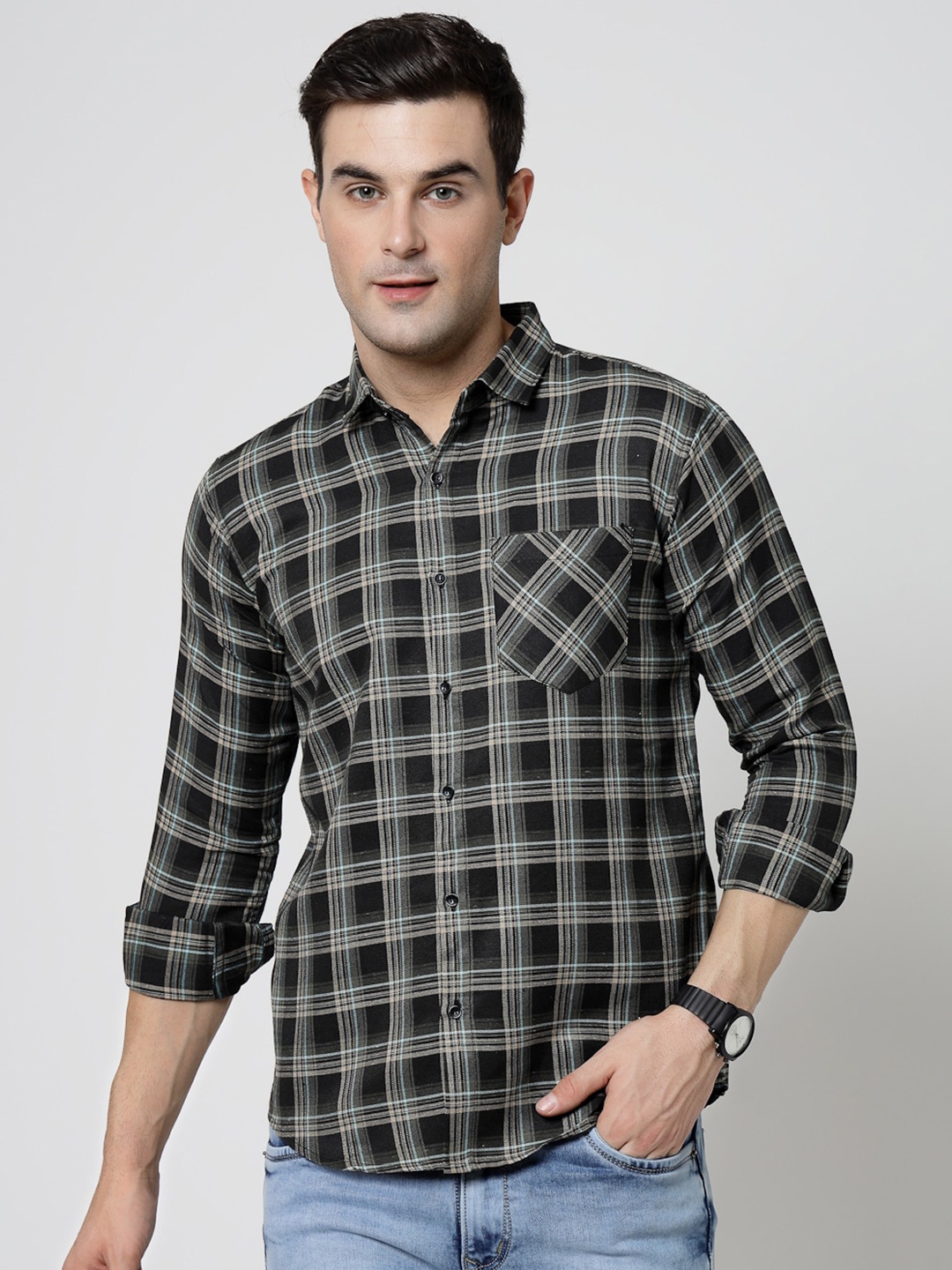 

ADWYN PETER New Tartan Checks Spread Collar Long Sleeves Cotton Casual Shirt, Black